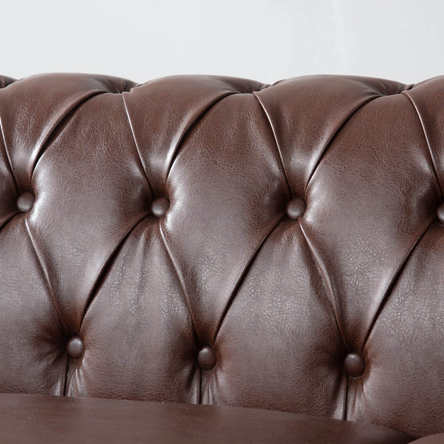 GDFStudio 84" Chesterfield Tufted Sofa Couch with Deep Seat Cushions, Rolled Arms & Gold Accent Strip, Midcentury Modern 3 Seater Upholstered PU Leather Sofa for Living Room, Dark Brown