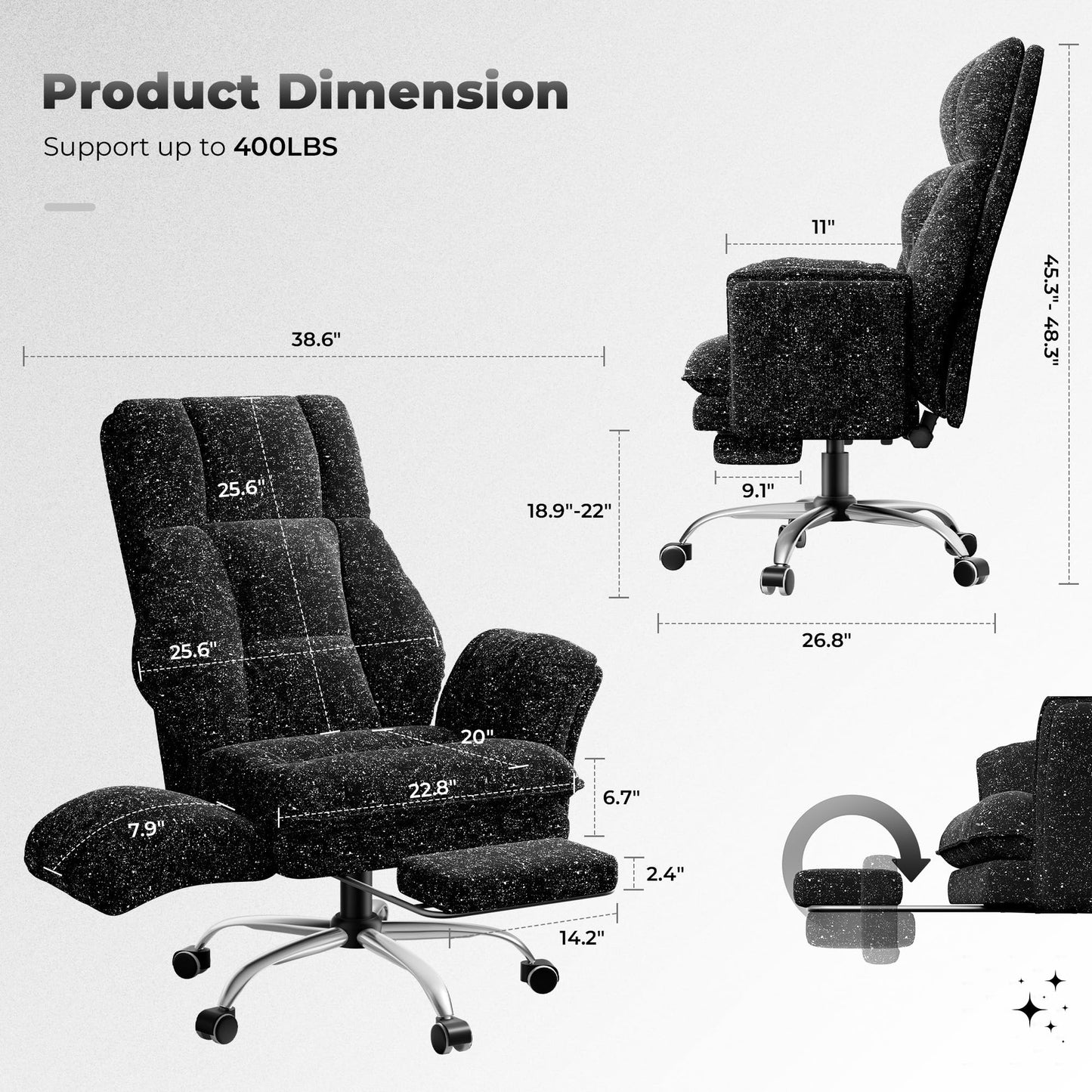 HOMRELEXA Big and Tall Office Chair, Flip Armrests for Pets & Cross Legged Sitting, Executive Ergonomic Computer Gaming Chair with Foot Rest, Gliter Fabric Wide Seat Reclining Desk Chair