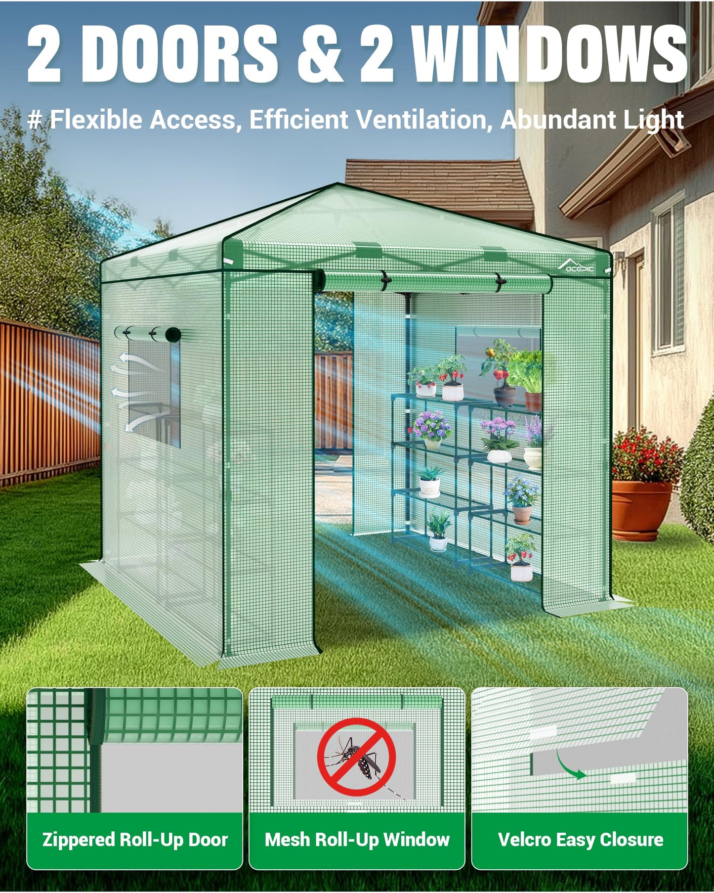 Acepic 8x8 Instant Pop up Greenhouses, Indoor Outdoor Portable Greenhouse Walk-in for All Season, Small Green House with Roll-Up Zipper Doors and Side Windows, 4 Sandbags, Pe Cover, Green/Clear