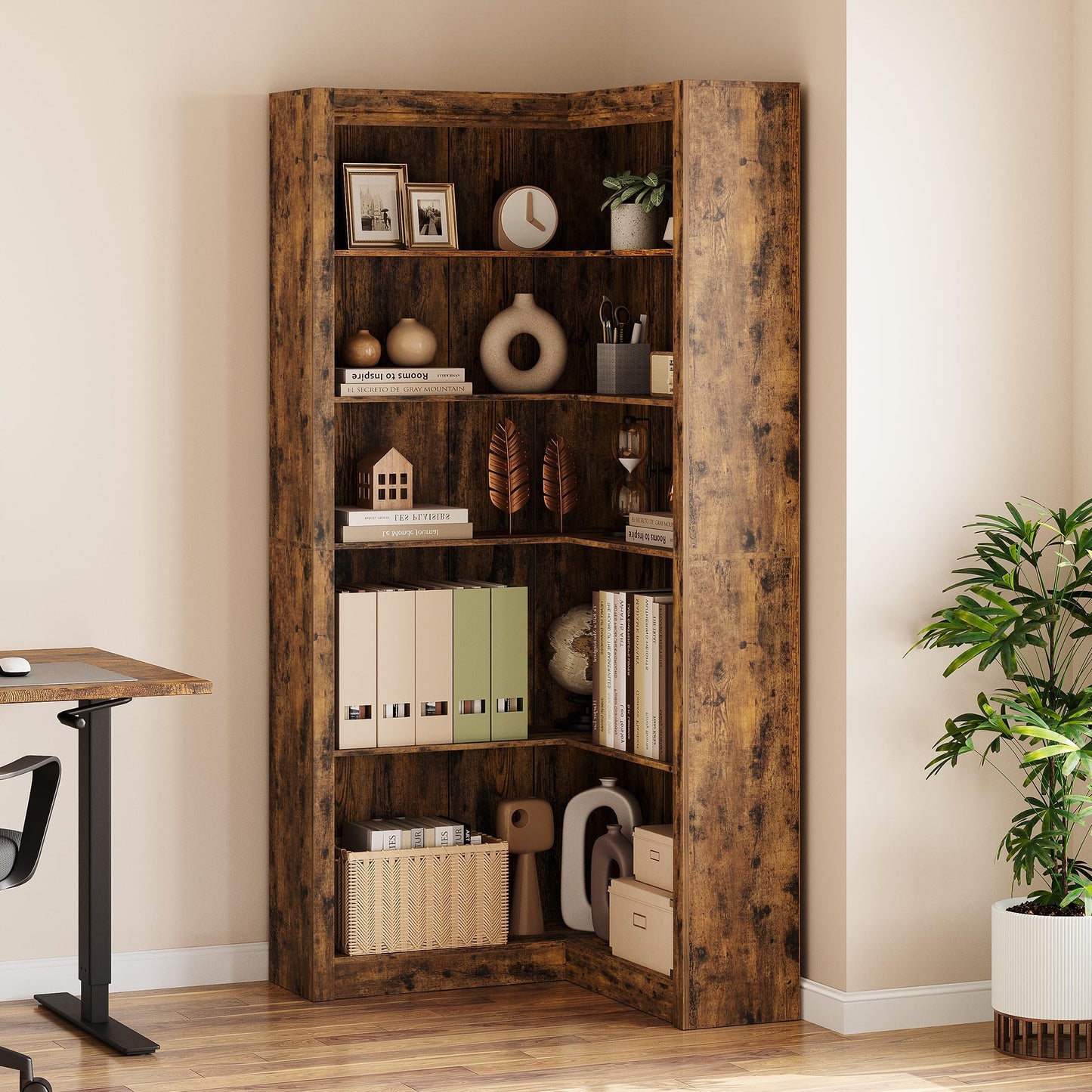 Garvee Retro Corner Bookshelf 71.8 in l-Shaped Bookshelf, Large Corner Bookcase with Anti-Tipping Kit, 5 Tier l Shape Display Shelf for Living Room Home Office