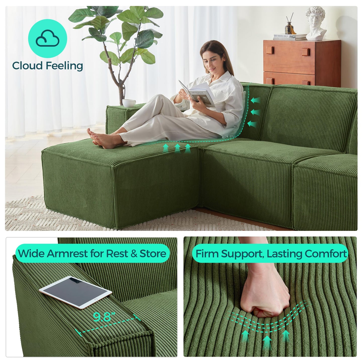 LINSY HOME Modular Sectional Sofa, 134" Boneless Couch L Shaped 4-Seat Sofa with Movable Ottoman, Corduroy Sectional Cloud Couches for Living Room, No Assembly Required, Green