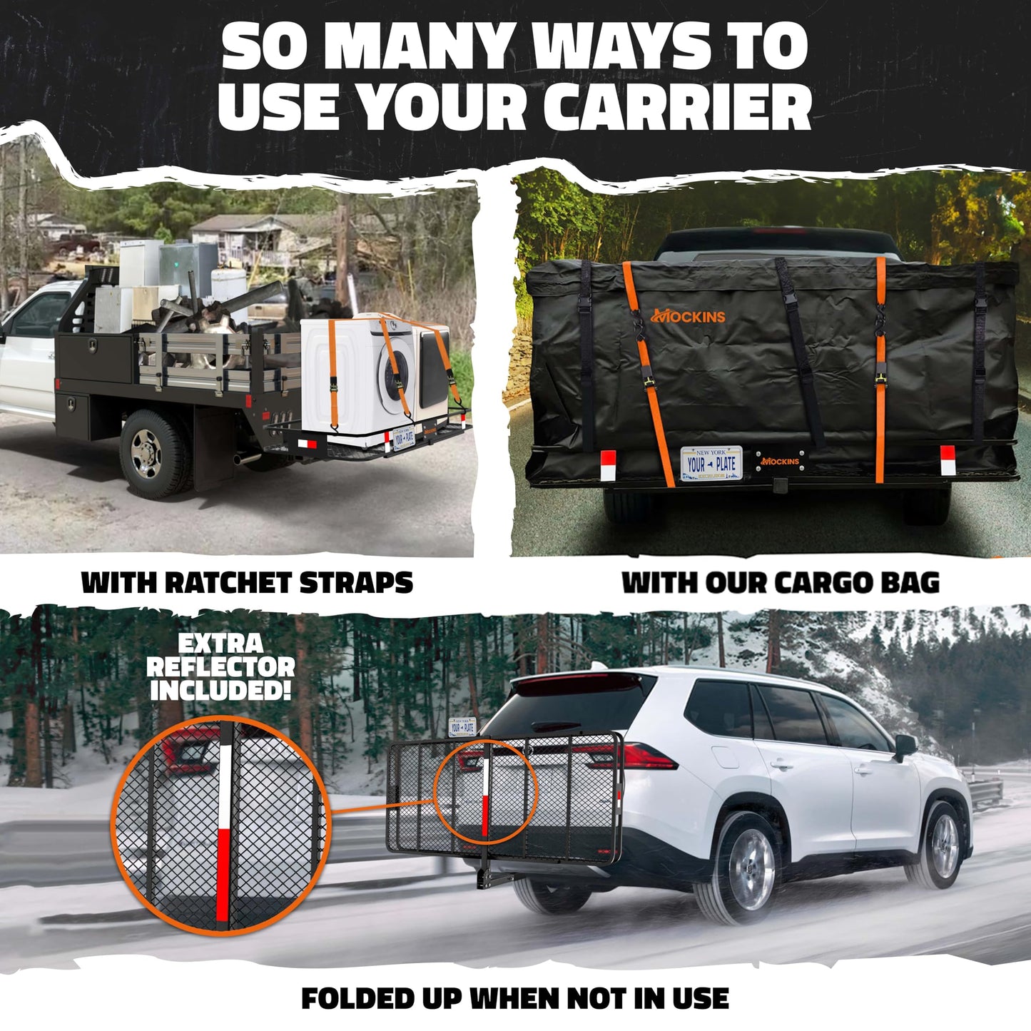Mockins 70"x30"x6" XXL Folding Trailer Hitch Cargo Carrier w/Plate Bracket | 500 Lbs Cap All-Weather Steel Luggage Rack for SUV Car & Truck w/ 40 CuFt Waterproof Cargo Hitch Carrier Bag & Accessories