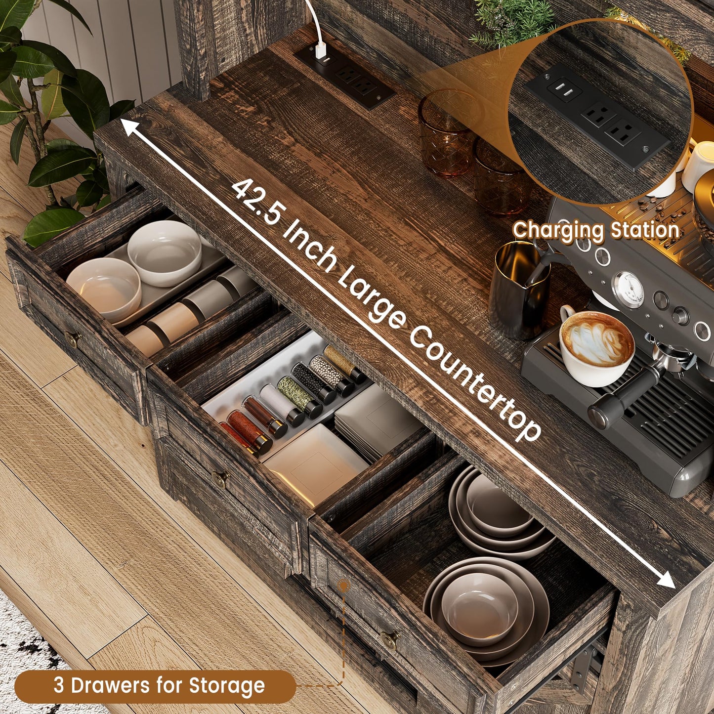 IDEALHOUSE 72" Modern Farmhouse Coffee Bar Cabinet with LED Lights & Power Outlets, Sliding Barn Doors, Rustic Dark Oak Kitchen Buffet with Wine Storage, Ample Storage for Home Bar, Microwave