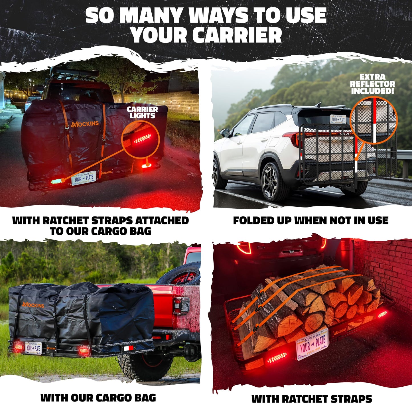 Mockins 72"x36"x6" XXL Folding Trailer Hitch Cargo Carrier w/ 50 CuFt Waterproof Cargo Bag for Hitch Carrier | 500 Lbs Cap Luggage Rack for SUV Car & Truck w/Rear Lights, License Plate Holder & More