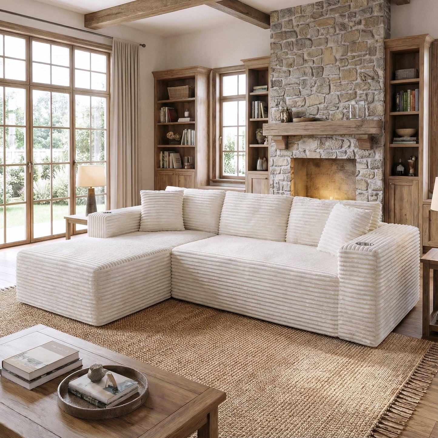 Shintenchi Boneless Couches for Living Room with 2 Cup Holders,L Shaped Modular Sectional Sofa Set,No Assembly Needed Plush Corduroy Living Room Set,Beige