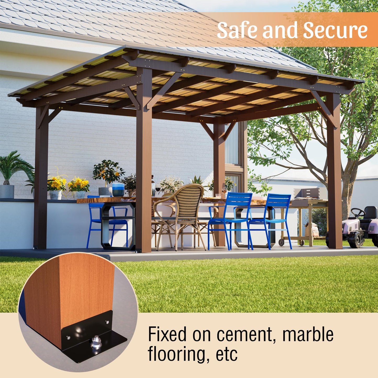 KEIKI 13.1' x 10' Wooden Grill Gazebo Metal Roof, Bulbs, Bar Counters, Patio Hardtop Grill Pergola, BBQ Canopy for Lawn, Garden, Outdoor Patio, Backyard
