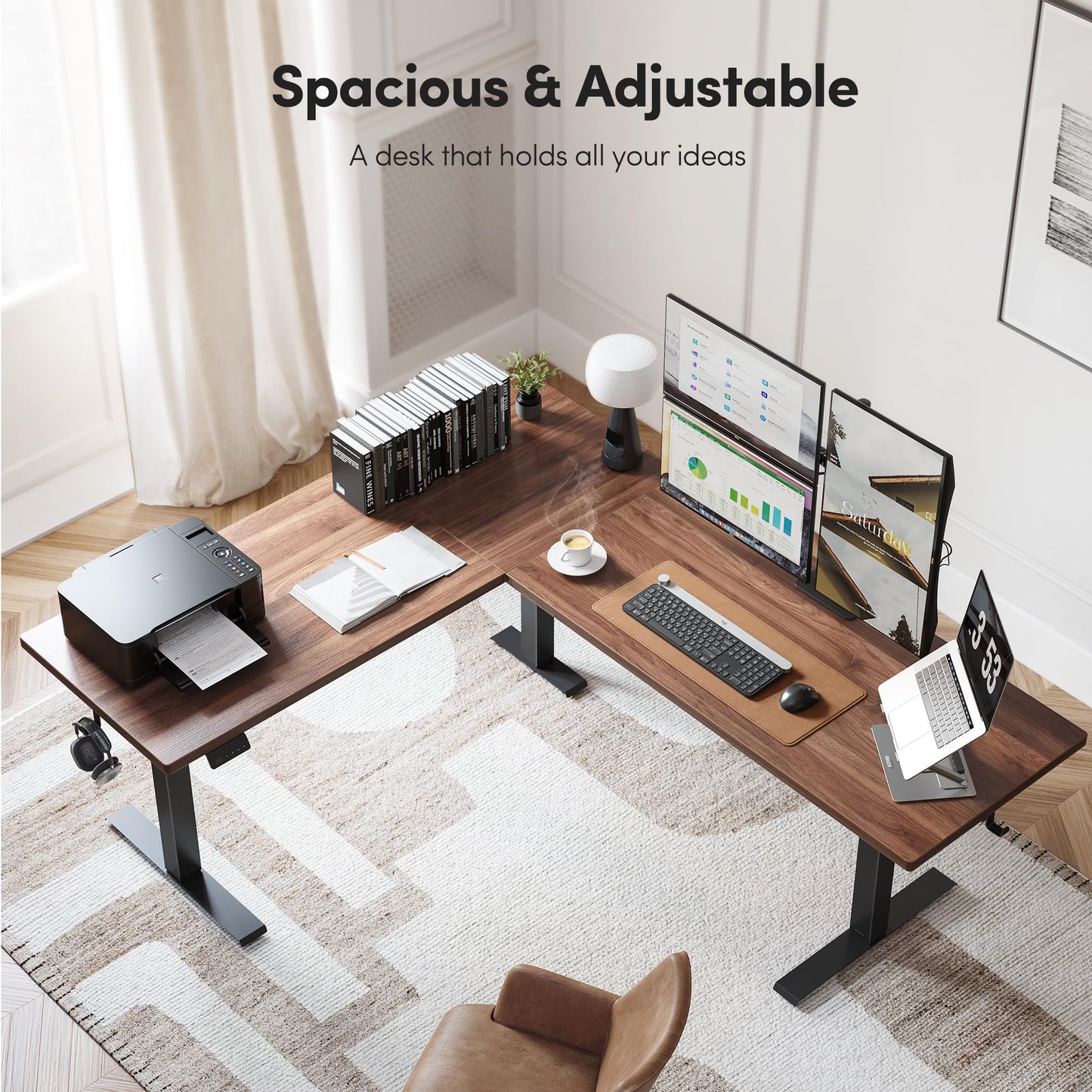 BANTI L-Shaped Standing Desk - 75 x 63 Inch Adjustable Corner Standing Desk with Charging Station - L Shape Sit Stand Table with Memory Controller, Splice Board for Home Office, Black Walnut