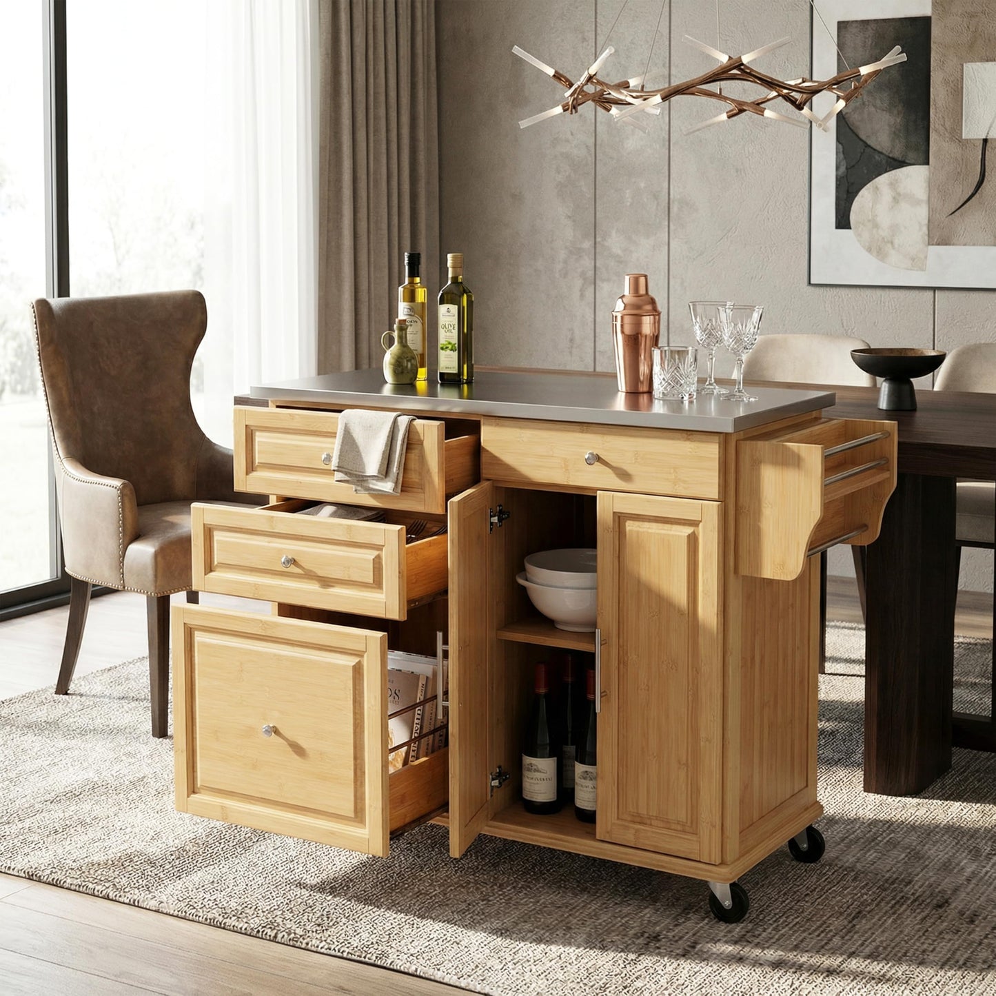 Merax Indoor Bamboo Rolling Kitchen Island with Stainless Steel Top – Mobile Cart with Drawers, Cabinet & Towel Rack for Dining & Bar