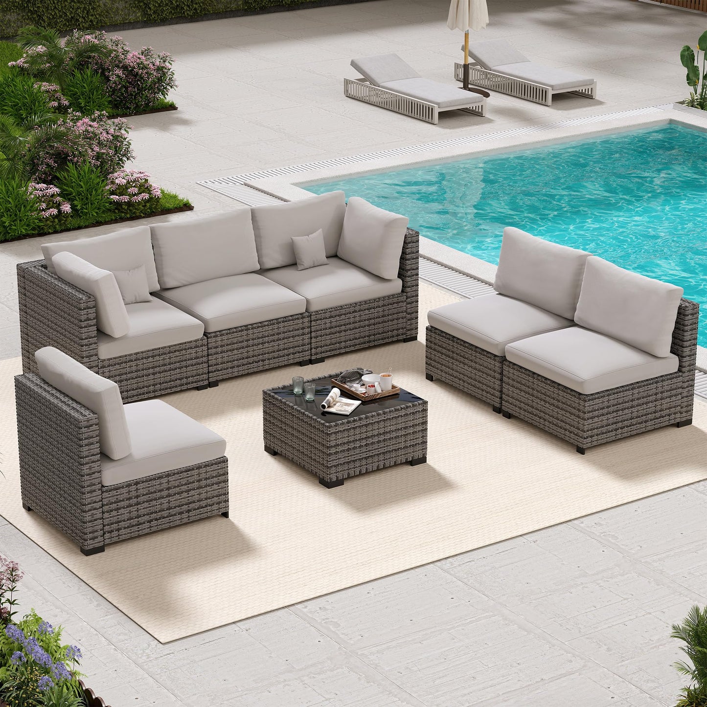 LHBcraft 7 Piece Patio Outdoor Furniture Set, Outdoor Sectional, All-Weather Hand-Woven Wicker Patio Sectional Sofa, Rattan Outside Furniture with Grey Cushion and Glass Coffee Table