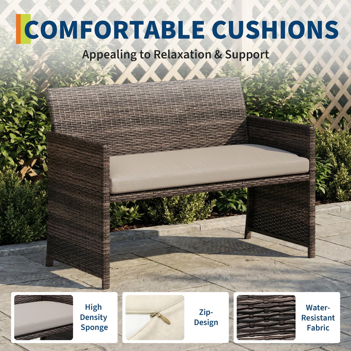 Garvee 4-Piece Patio Furniture Set, PE Rattan Outdoor Conversation Set with Cushions & Tempered Glass Table, All-Weather Wicker Patio Table and Chairs Set for Patio, Porch, Backyard, Brown and Grey