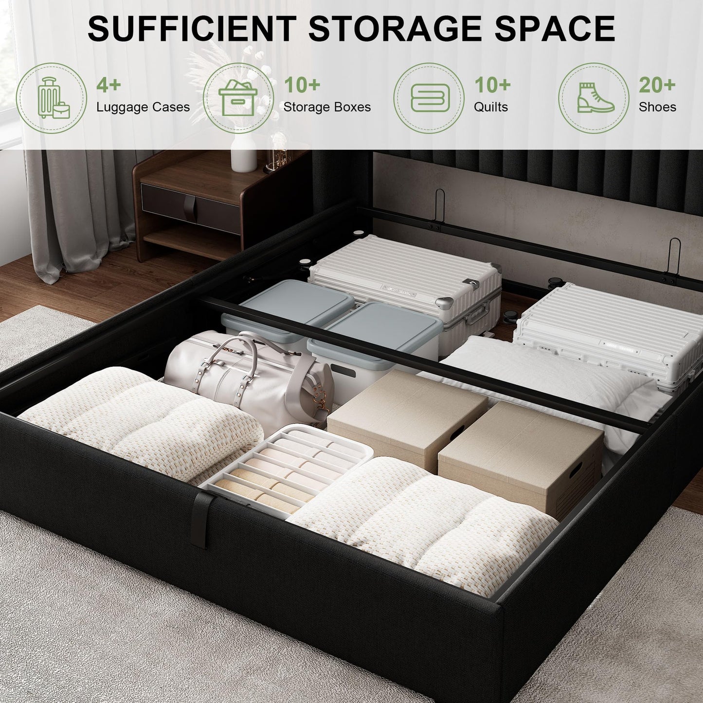 Feonase Queen Size Lift Up Storage Bed Frame, Linen Upholstered Platform Bed with Wingback Headboard, Hydraulic Storage, No Box Spring Needed, Black