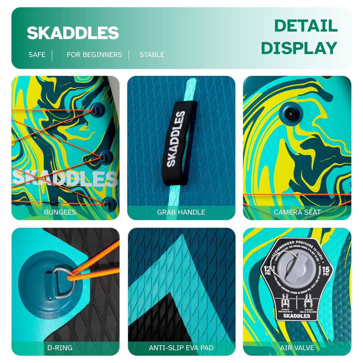 SKADDLES 10’6’’ Inflatable Stand Up Paddle Board (SUP) for Adults and Youth with Non-Slip Deck – Complete Accessories Kit, Perfect for Fishing, Yoga, Fitness & Family Fun (Dark Green Water Ripple)