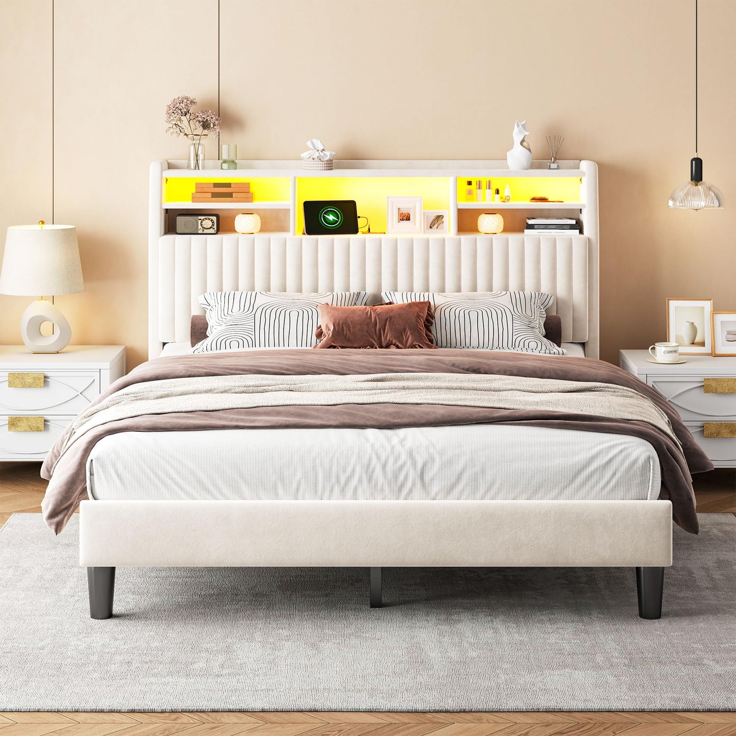 Homkdom Queen Bed Frame, Upholstered Bed Frame with Vertical Channel Tufted Headboard,Velvet Bed Frame Queen with Charging Station and LED Lights, Wooden Slats, Noise Free, Beige