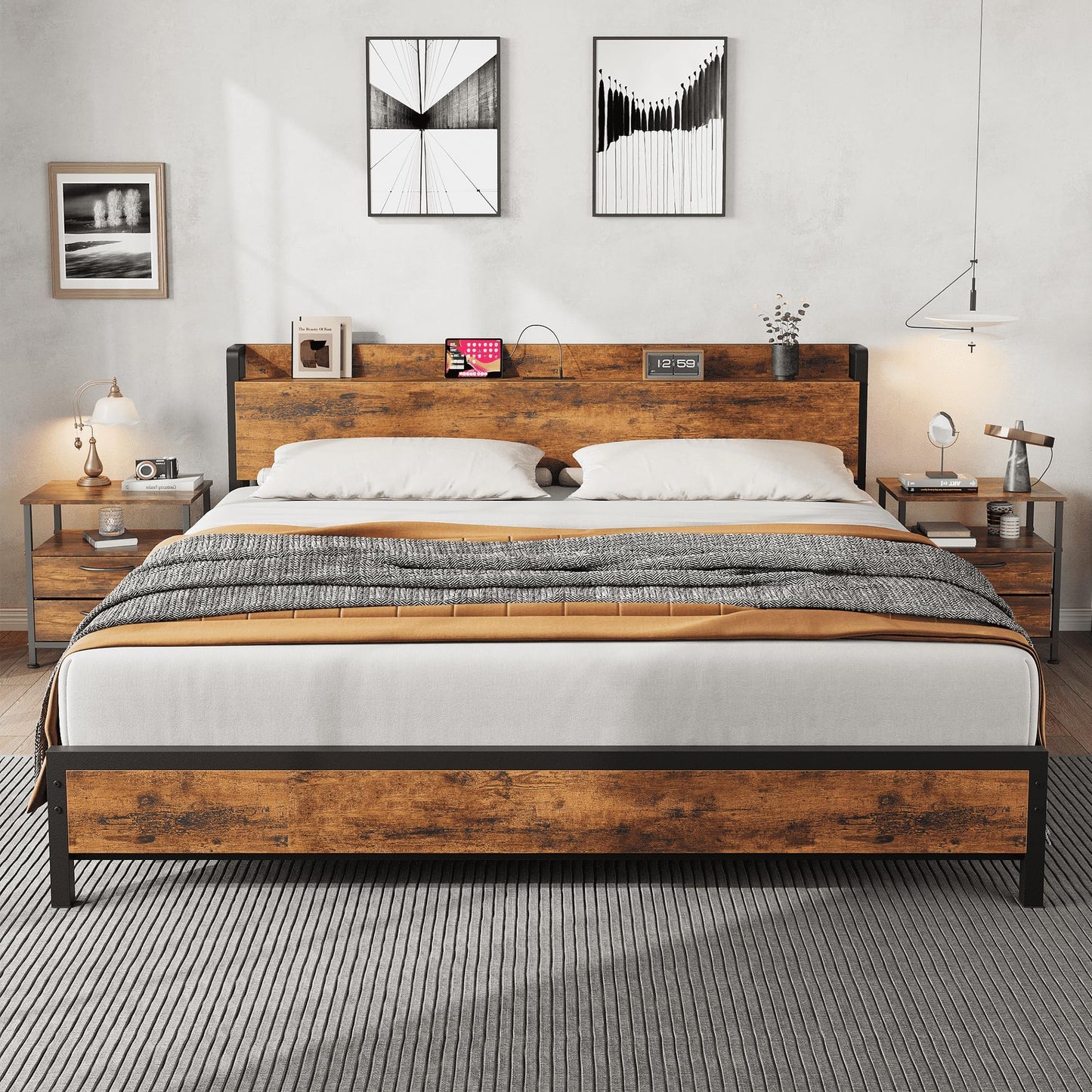 IDEALHOUSE King Size Bed Frame with Storage Headboard, Industrial King Bed Platform with Charging Station and USB Ports, No Box Spring Needed Easy Assemble Mattress Foundation - Rustic Brown