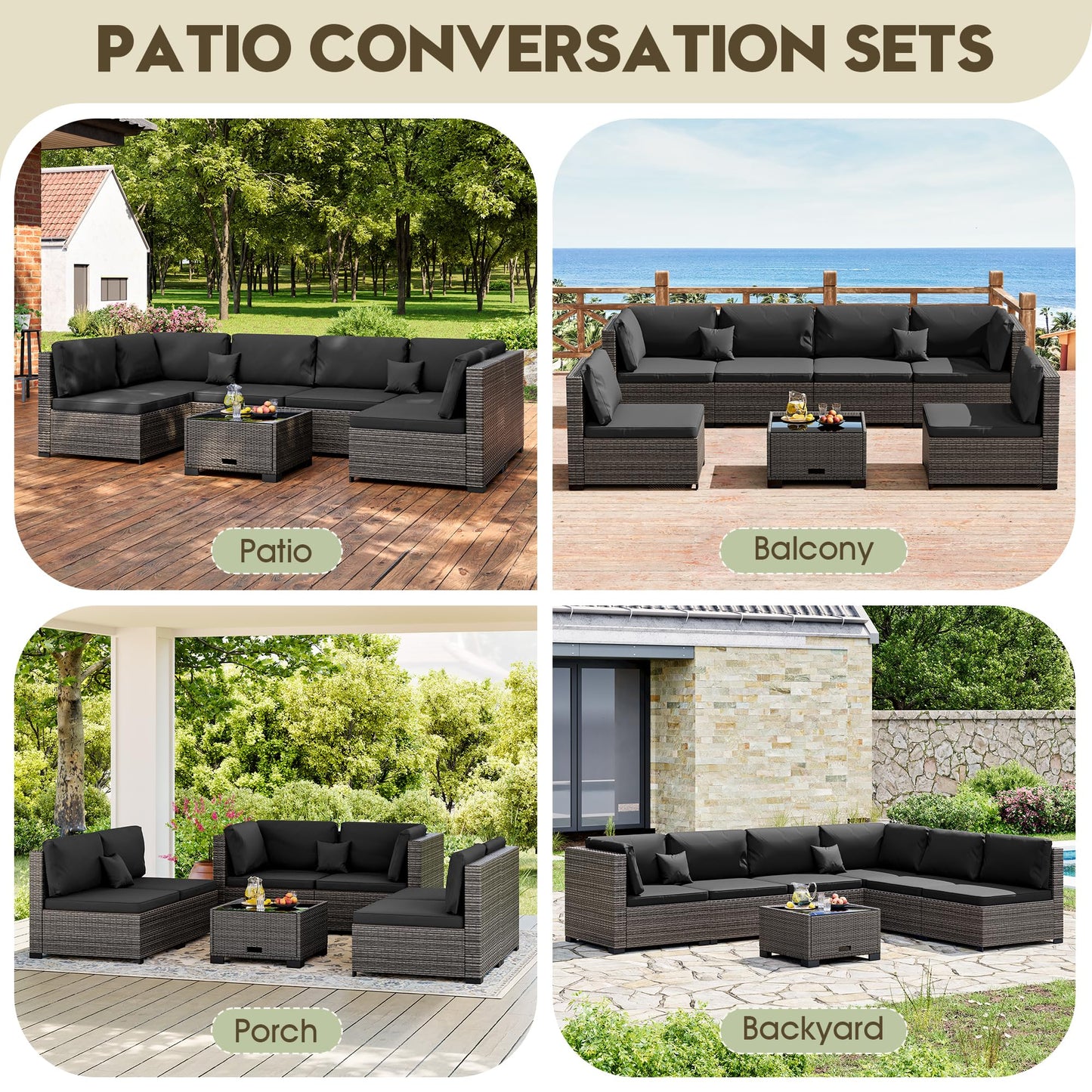 LHBcraft 7 Piece Patio Outdoor Furniture Set, Outdoor Sectional, All-Weather Hand-Woven Wicker Black Patio Sectional, Rattan Outside Furniture with Cushion and Glass Coffee Table