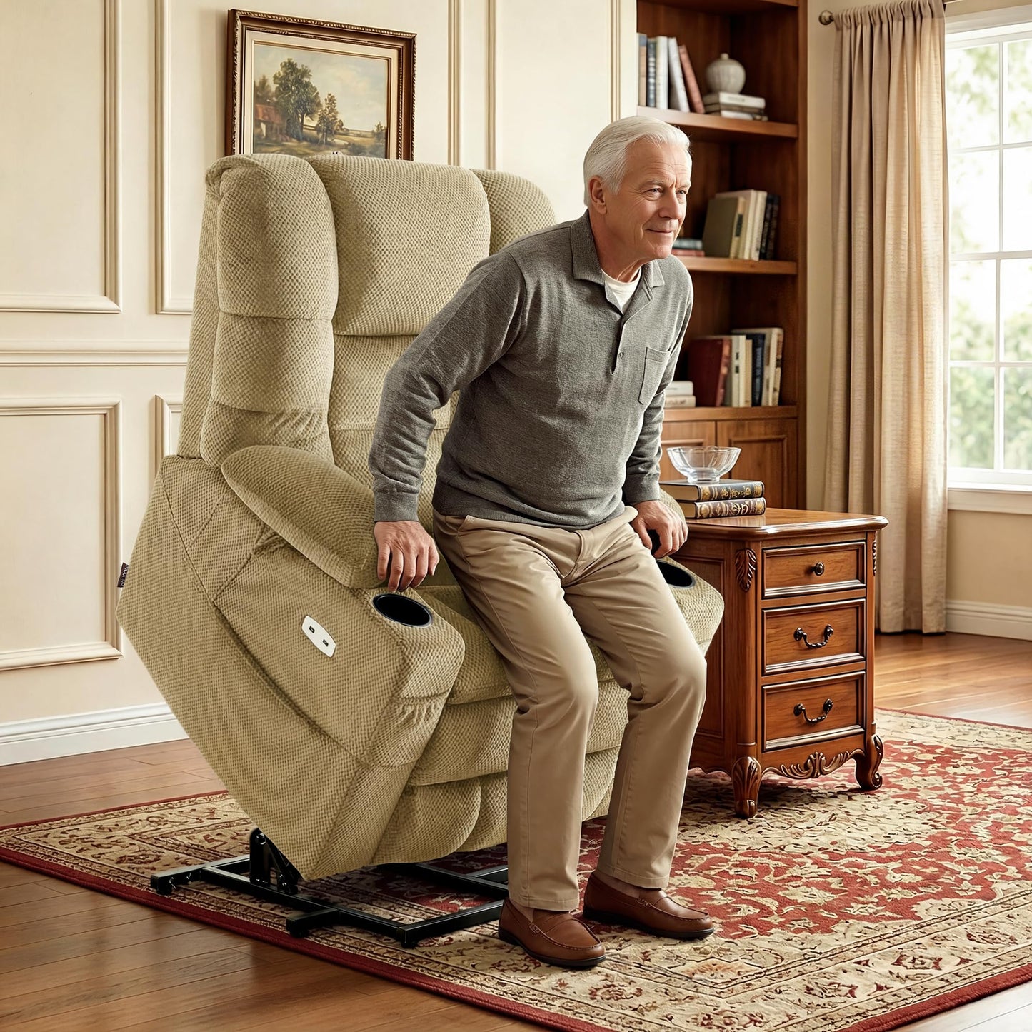 MCombo Triple Motor Lay Flat Power Lift Recliner Chair for Tall Elderly, Infinite Position, Massage, Dual Heating, Adjustable Headrest, Fabric 7634 (Beige, Large)