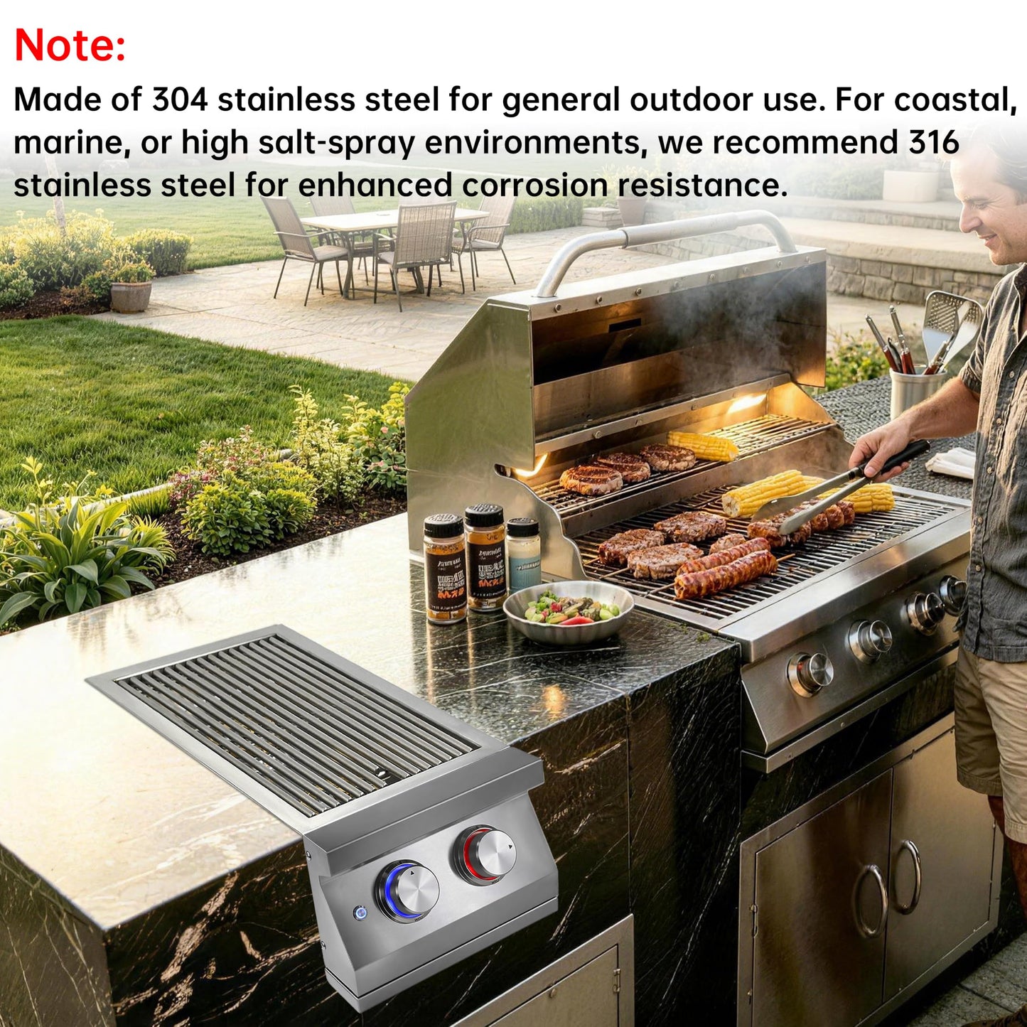 Double Side Burners for Outdoor Grill, Heavy-Duty 304 Stainless Steel, Built-in Side Burners with LED for Outdoor Kitchen BBQ Island, 2x17,000BTU Natural Gas Side Burner with Cast Brass Burner