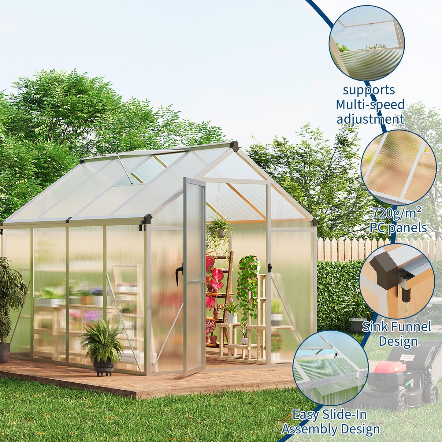 6x8 ft Walk-in Greenhouse, Polycarbonate Panels with Reinforced Aluminum Frame, Large Garden Green House for Planting and Seed Starting, Quick-Assembly Structure with Adjustable Roof Vent