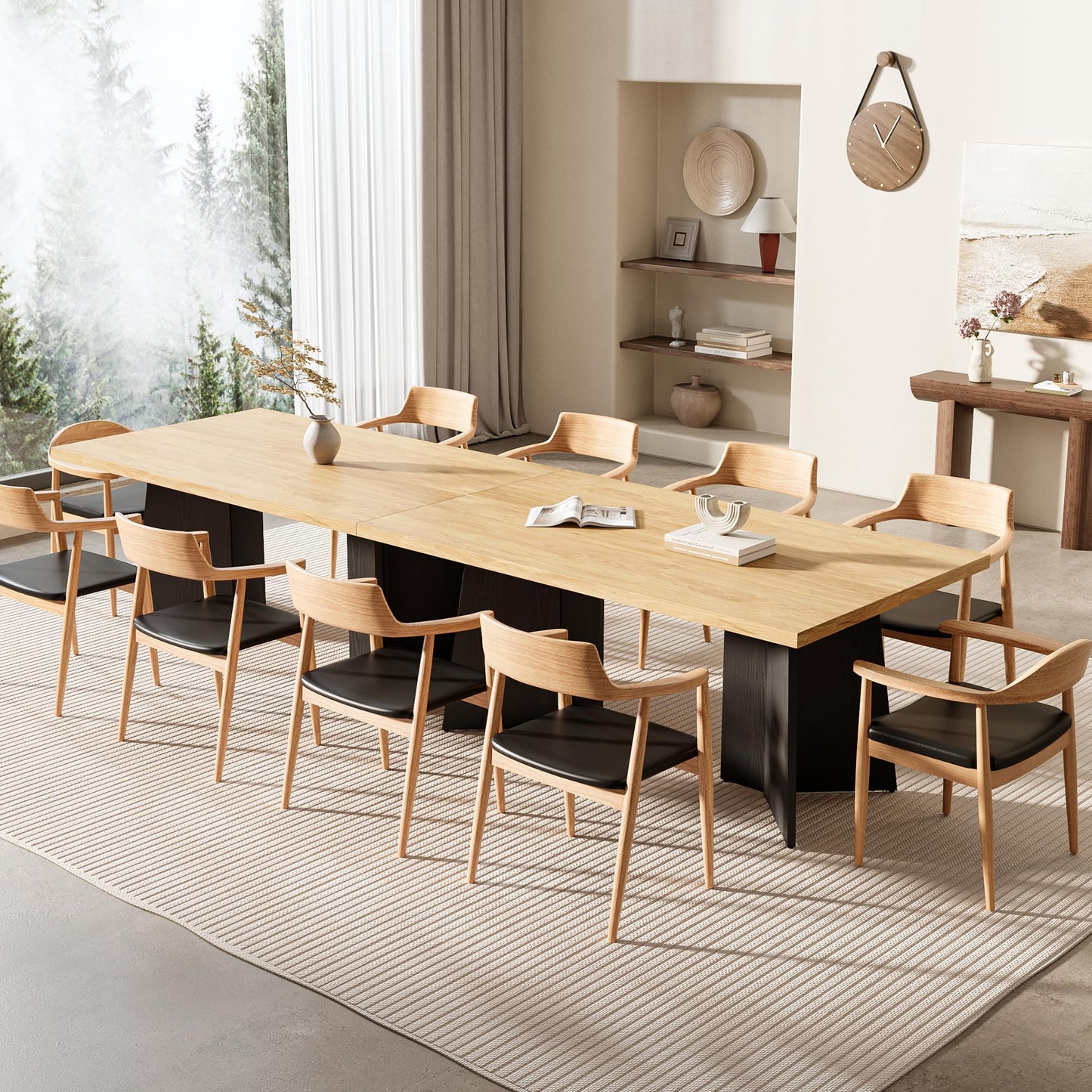 GarveeHome Dining Table for 6-8 People - 63" Modern Long Kitchen Table with Large Tabletop & Heavy Duty Pedestal Legs, Dinner Table for Kitchen, Conference Room, Home, Natural & Black