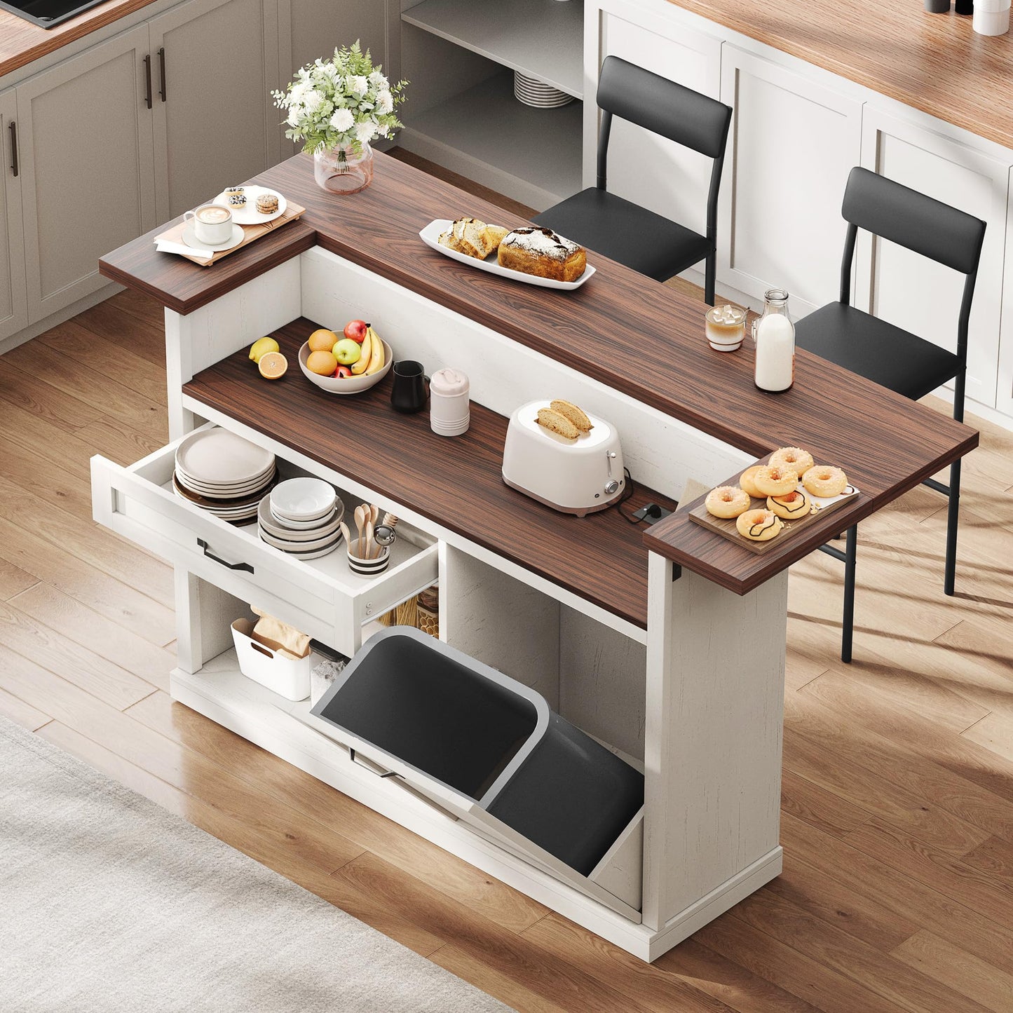 Homiflex Bar Cabinet, 55" Kitchen Island with Storage, Breakfast Bar Table with Drop Leaf, Bar Height Table with Power Outlet and Trash Can Cabinet, Mobile Island Table for Kitchen, Home, Rustic White