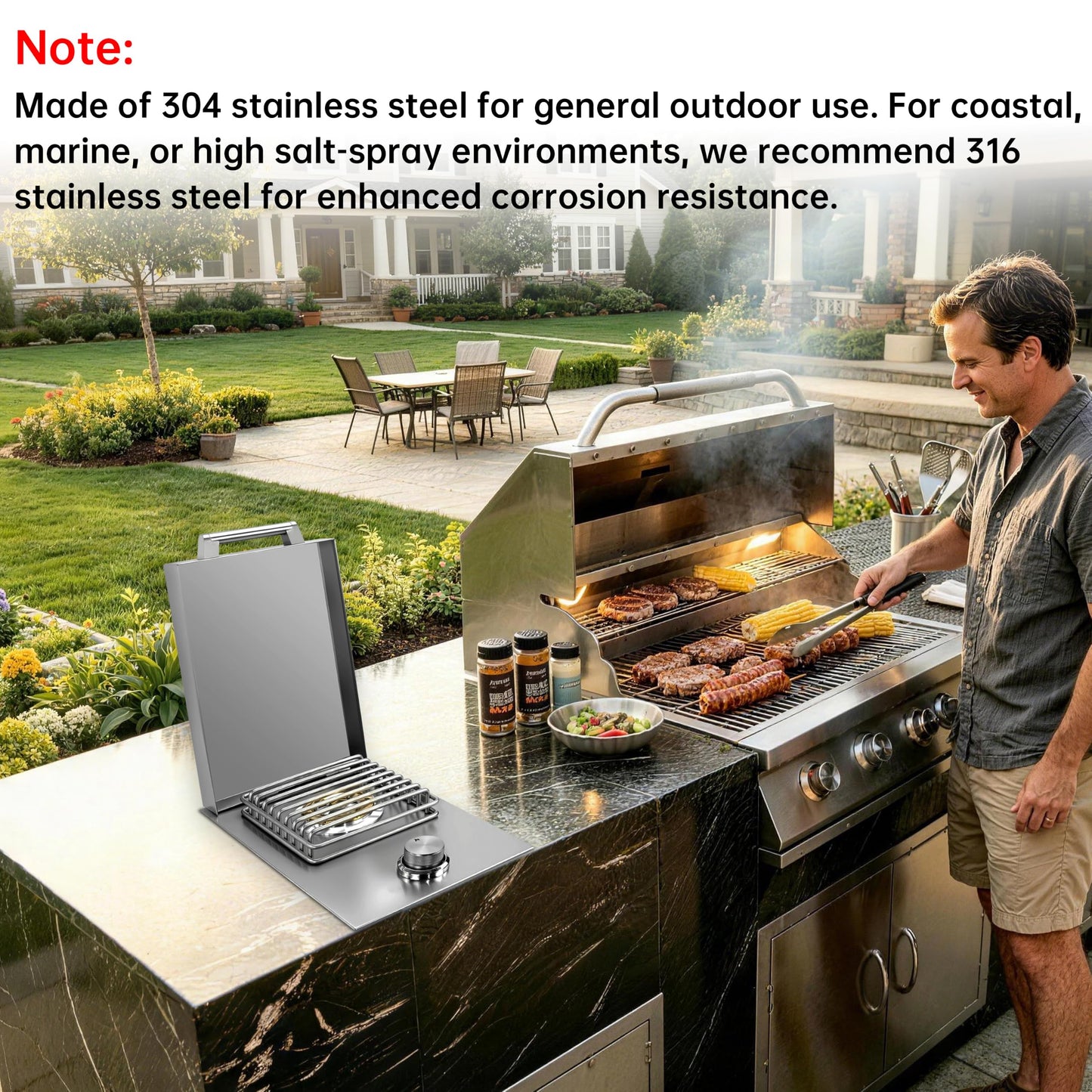 Built-in Single Grilling Side Burner for Outdoor Grill, Heavy-Duty 304 Stainless Steel, Drop in Side Burner With Cover, 15,000BTU Natural Gas & Propane, Single Side Burner for Family Patio Parties