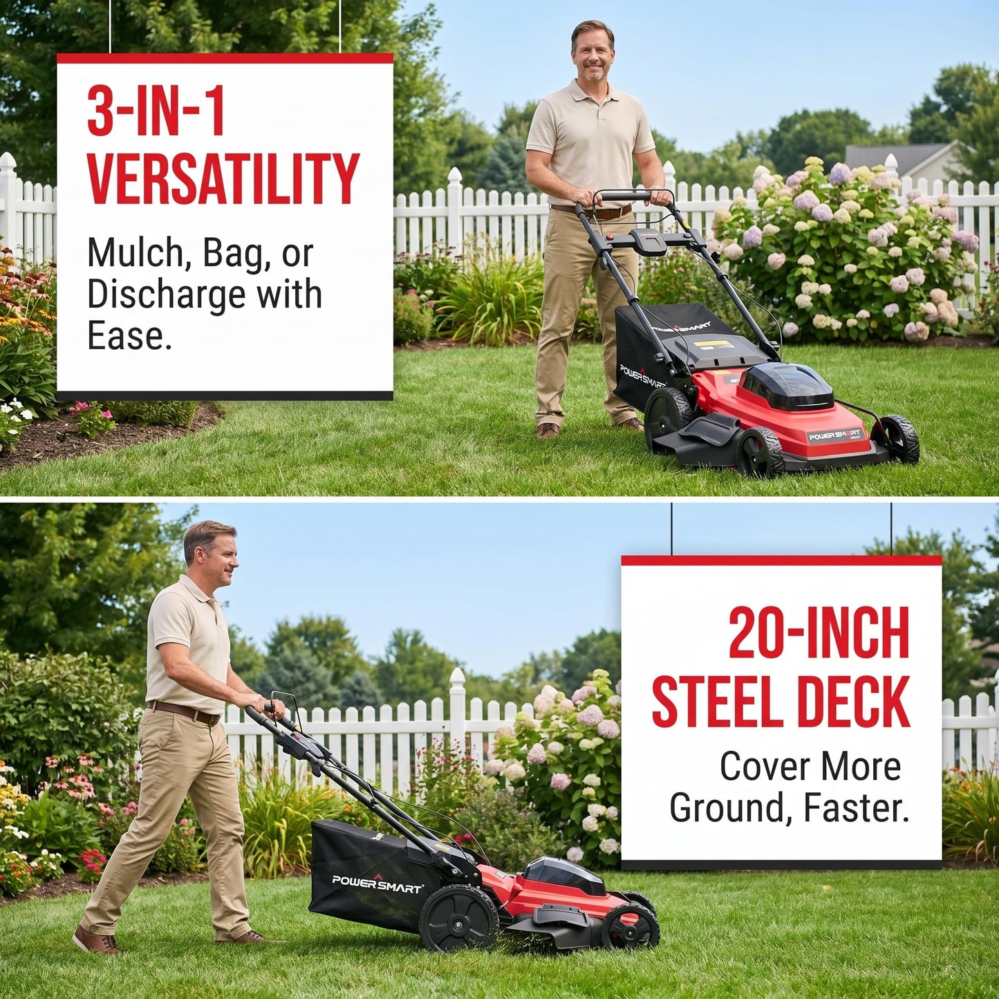 20" Self Propelled Cordless Lawn Mower,40V 2x4.0 Ah Battery Lawn Mower with Dual Battery Slots & Steel Deck, 3-in-1 Walk-Behind Mower (Bagging/Mulching), Space Saving Foldable