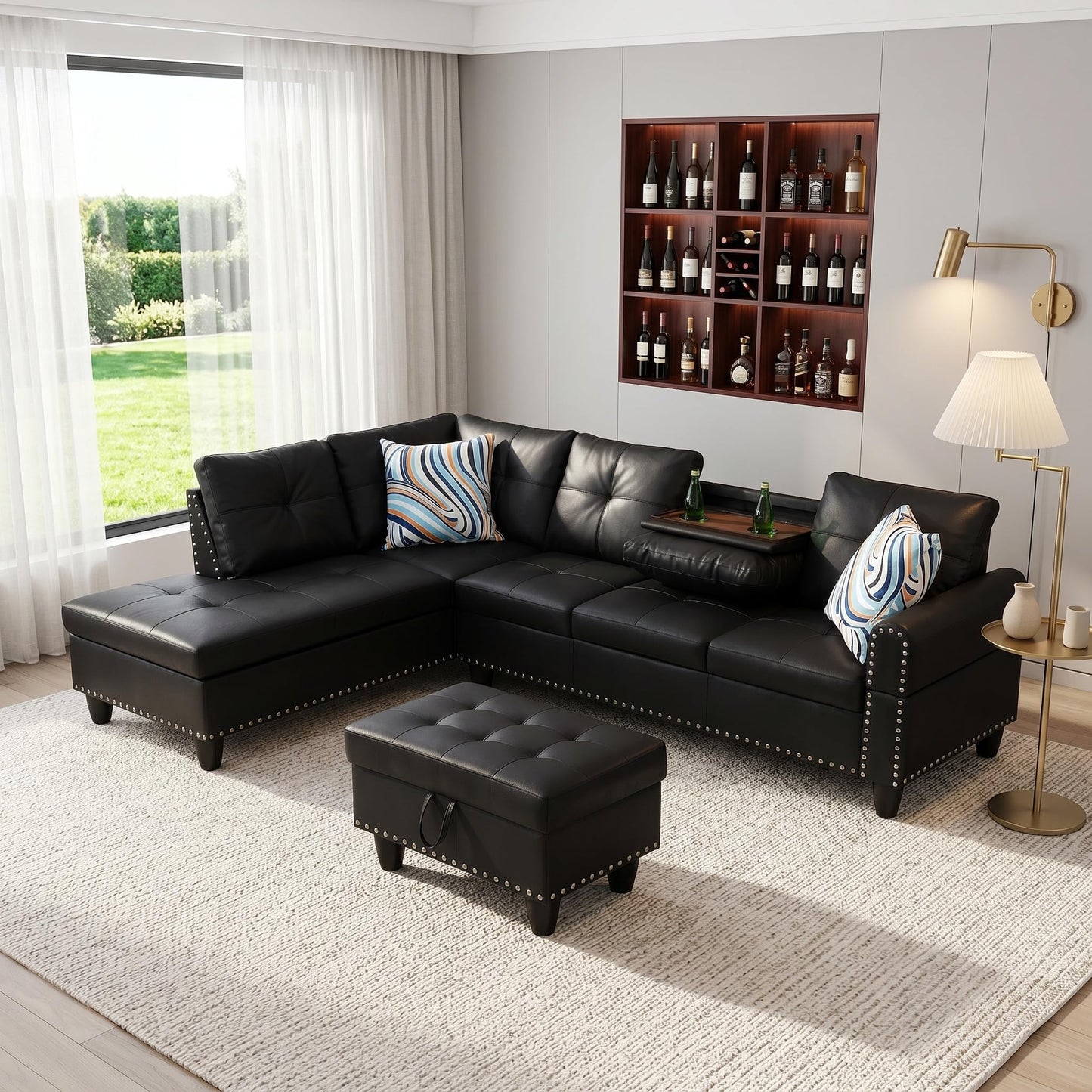 Topcomfy Leather L Shaped Sectional Couches for Living Room - 97.5“ x 69.5" Modular Sectional Sofa with Storage Ottoman, 4 Seat Home Sofa Living Room Furniture Sets with Chaise for Apartment, Black