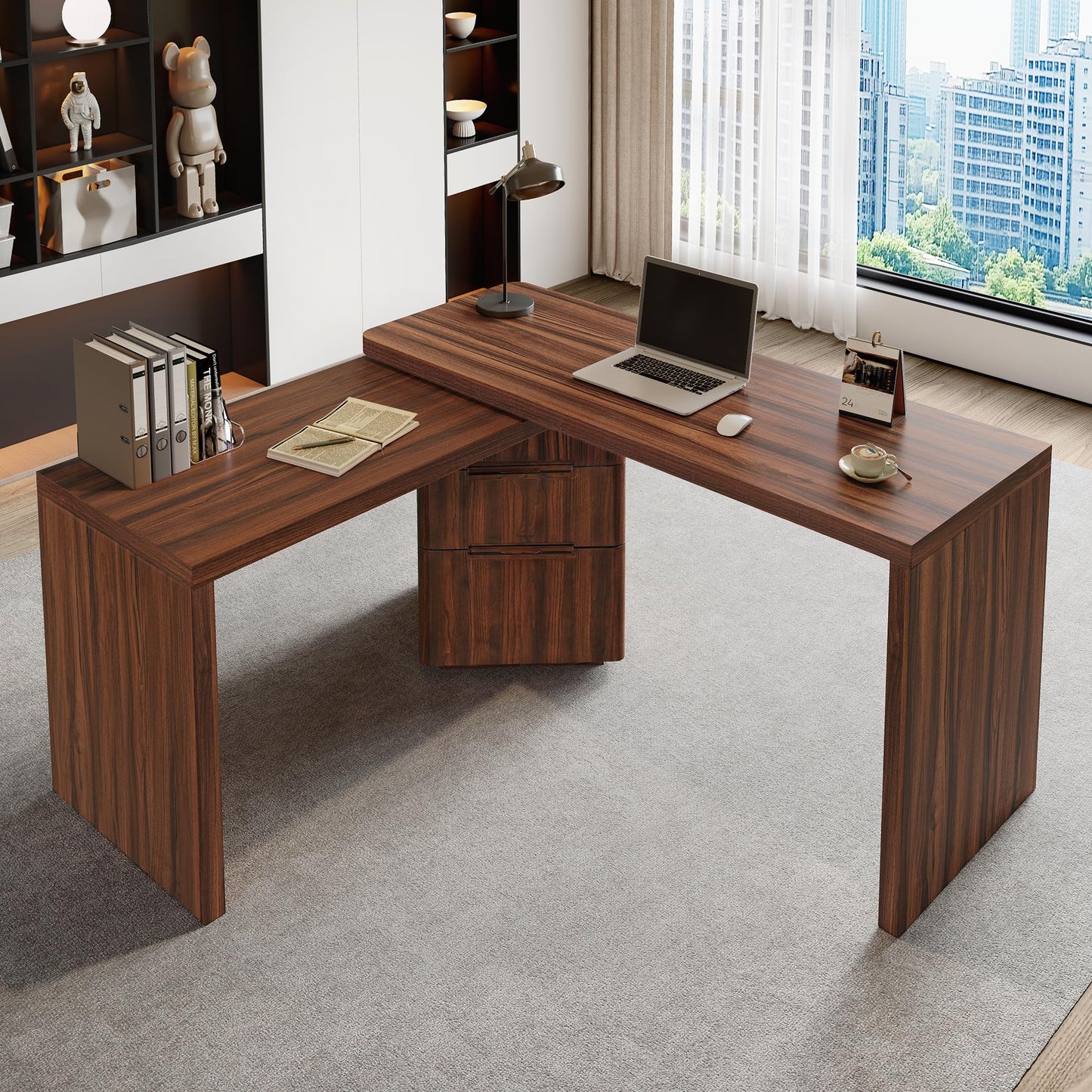 RHHVVR Fluted Computer PC Desk Table with 3 Drawers, L Shaped Corner Desk with Storage, 360° Wood Rotating Home Office Desk for Bedroom, Executive, Study Work, Walnut