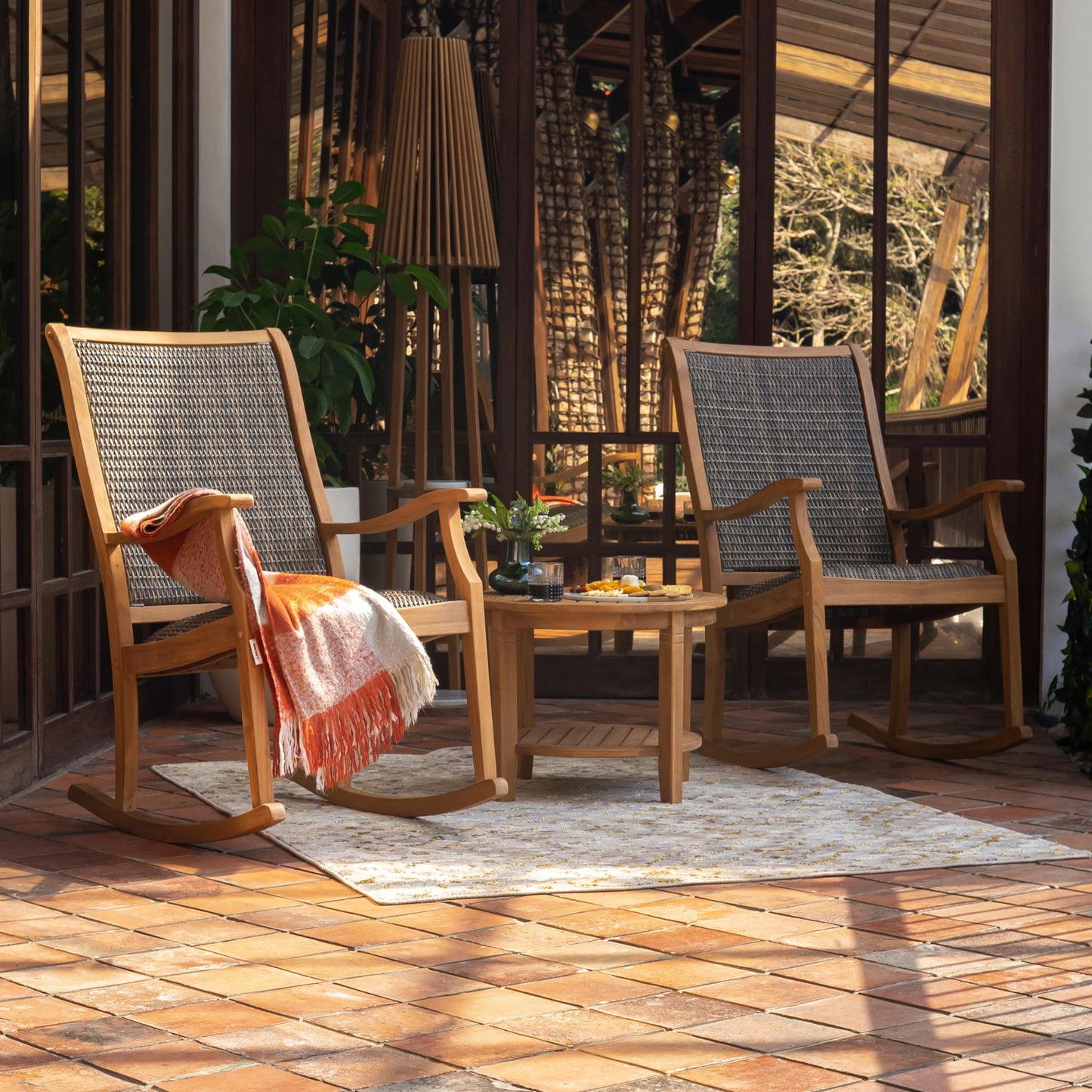 Cambridge Casual Dunham Teak Outdoor Conversation Chat Set Includes 2 Padded Woven Seat Porch Rocking Chairs & Side Table, Wicker & Quick-Dry Foam