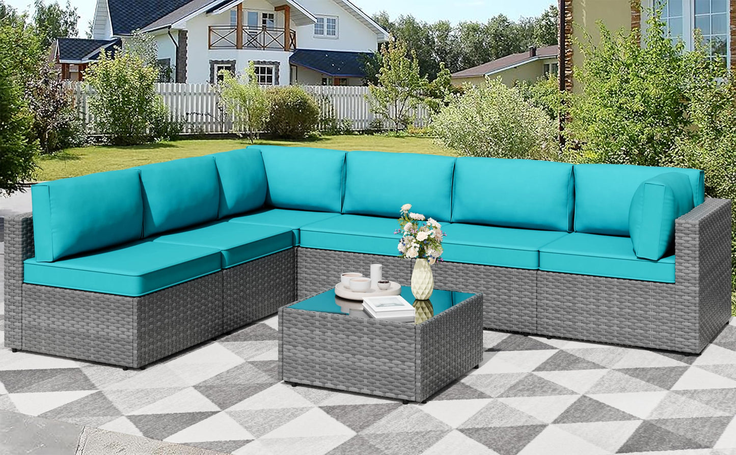 Shintenchi 7 Pieces Outdoor Patio Furniture Sets, Patio Sectional Sofa Couch, Silver Gray PE Wicker Furniture Modular Patio Conversation Sets Patio Sofa with Washable Cushions & Coffee Table (Blue)