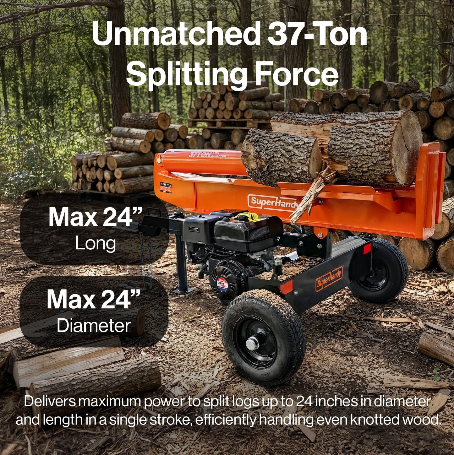 Superhandy 37 Ton 389 cc Gas Powered Full Beam Log Splitter w/Vertical/Horizontal Operation and Auto Return Valve, Towable with 2'' Ball Coupler