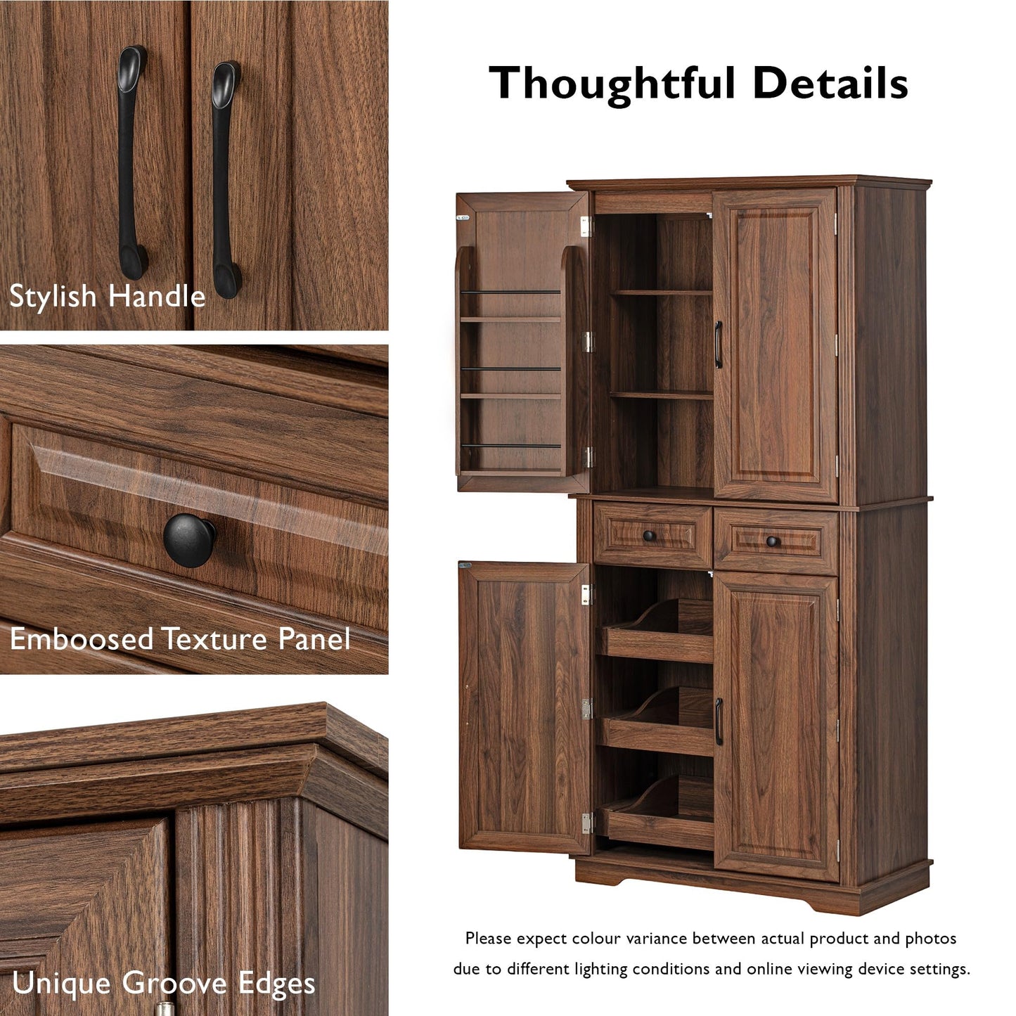 GDFStudio Hakf 71" Tall Kitchen Pantry Cabinet, 3 Pull Out Pantry Cabinet Organizers, Spacious Storage Organizer with 6 Door Shelves, 2 Drawers, Freestanding Cupboard for Kitchen Dining Room, Brown