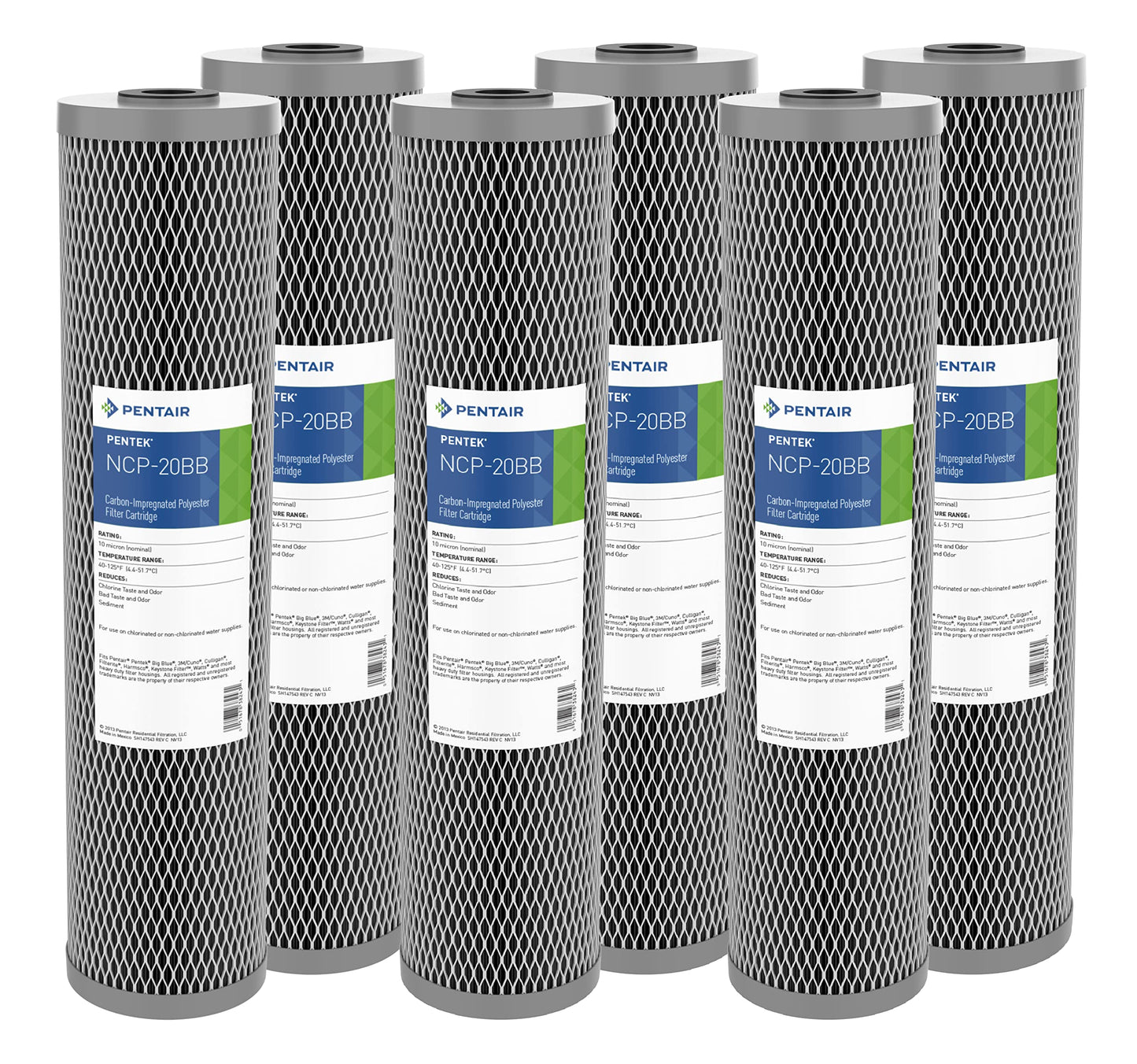 Pentair Pentek NCP-20BB Big Blue Carbon Water Filter, 20-Inch, Whole House Non-Cellulose Carbon Impregnated Pleated Filter Cartridge, 20" x 4.5", 10 Micron, Pack of 6, Gray