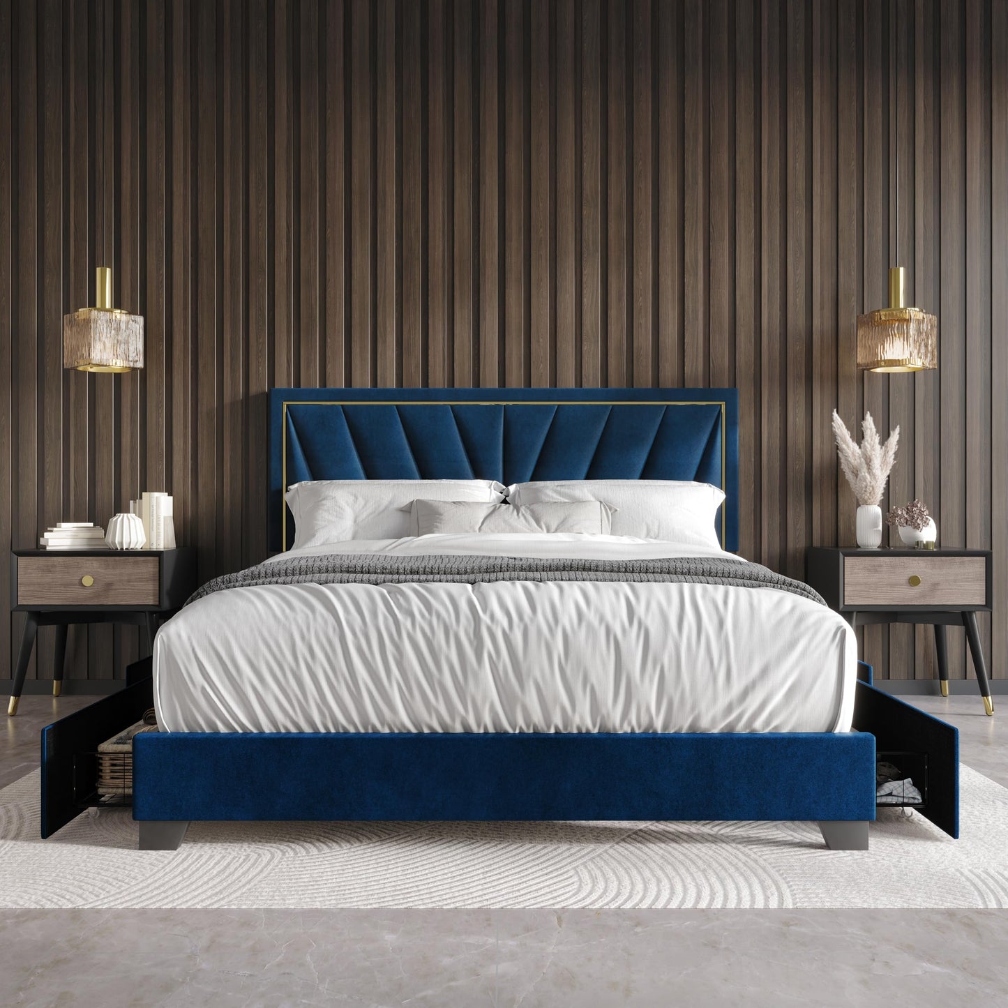 HOME DESIGN Valdez Queen Size Upholstered Storage Platform Bed Frame, Velvet Fabric, Channel Tufted Headboard, 4 Drawers, No Box Spring Needed, Blue