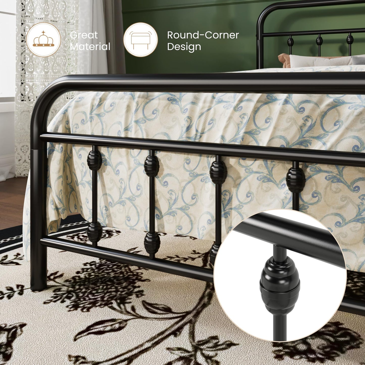 SHA CERLIN King Size Metal Platform Bed Frame with Victorian Style Iron-Art Headboard and Footboard, Easy Assembly, Under Bed Storage, No Box Spring Required, Black