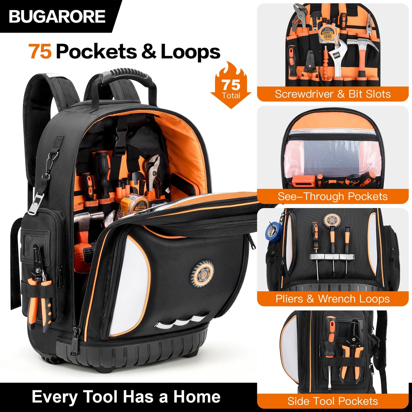 BUGARORE 16" Rolling Tool Backpack with Wheels, 75 Pockets Electrician Tool Bag for Construction HVAC, 1680D Waterproof, Molded Base & Combination Lock