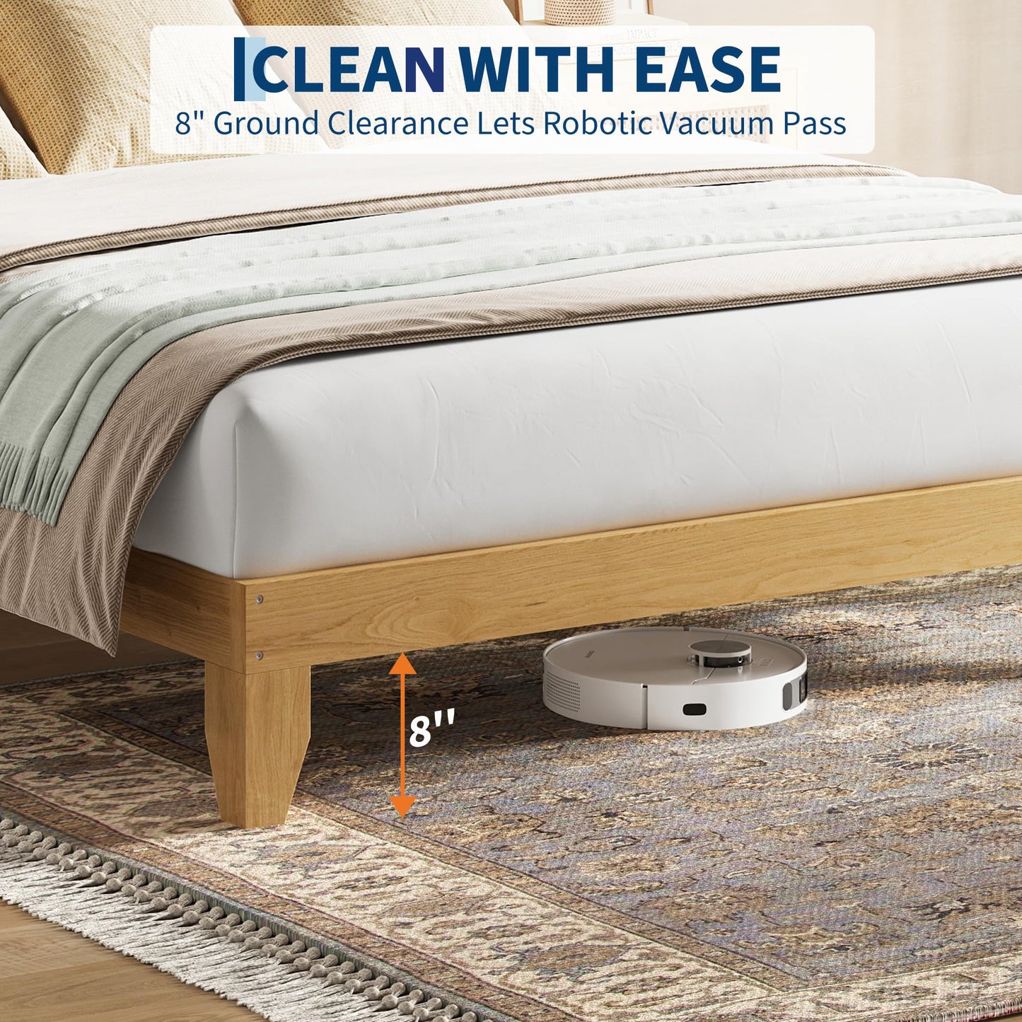 IDEALHOUSE Rattan Bed Frame Queen Size with Natural Rattan Headboard & LED Lights, Wood Queen Bed Frame with Solid Wood Foundation, No Box Spring Needed, Natural
