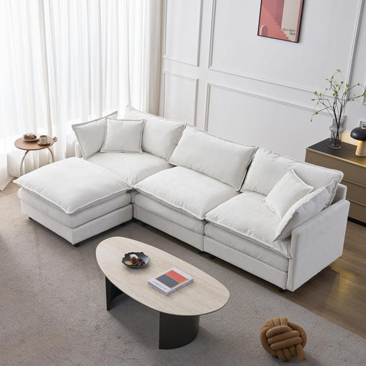 KEIKI 3 Seater Chenille Modular Sectional Couch Sofa with Ottoman, Double-Layer Seat Cushions & Back Cushions, Modern L-Shape Upholstered Cloud Soft Sofa Couches Chaise Lounge for Living Room