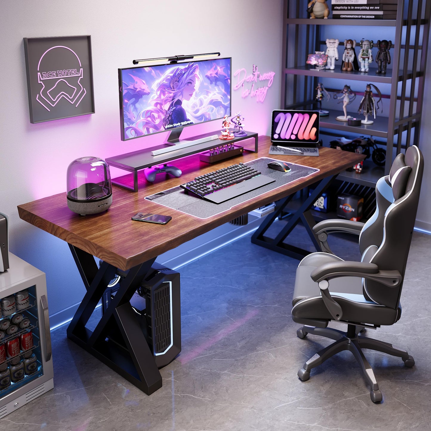 SXXjiaju Solid Wood Desk 63 Inches, Live Edge Wooden Home Office Computer Desk Metal Frame Modern Simple Design Executive Real Wood Desk for Writing Study Dining Gaming