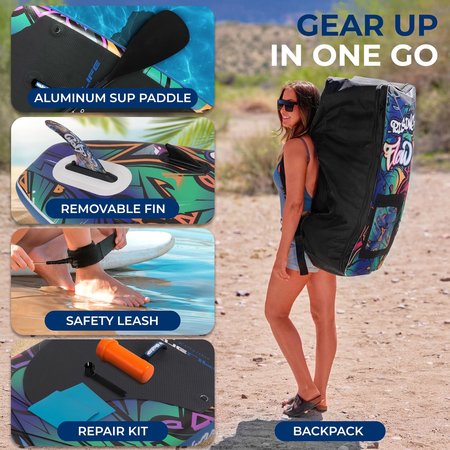 SereneLife 10’6” Inflatable Stand Up Paddle Board with Premium SUP Accessories - 32” Wide Stable Design with Non-Slip EVA Deck Pad, for Youth and Adults, 350 lbs. Capacity