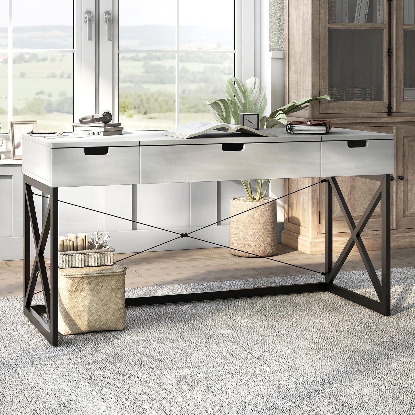 24/7 Shop at Home Ashiya Transitional 2 Drawers Metal Hidden Storage Desk with Lift-Top, USB Port, Power Outlet for Workstation, Home Office, Study Room, Antique White