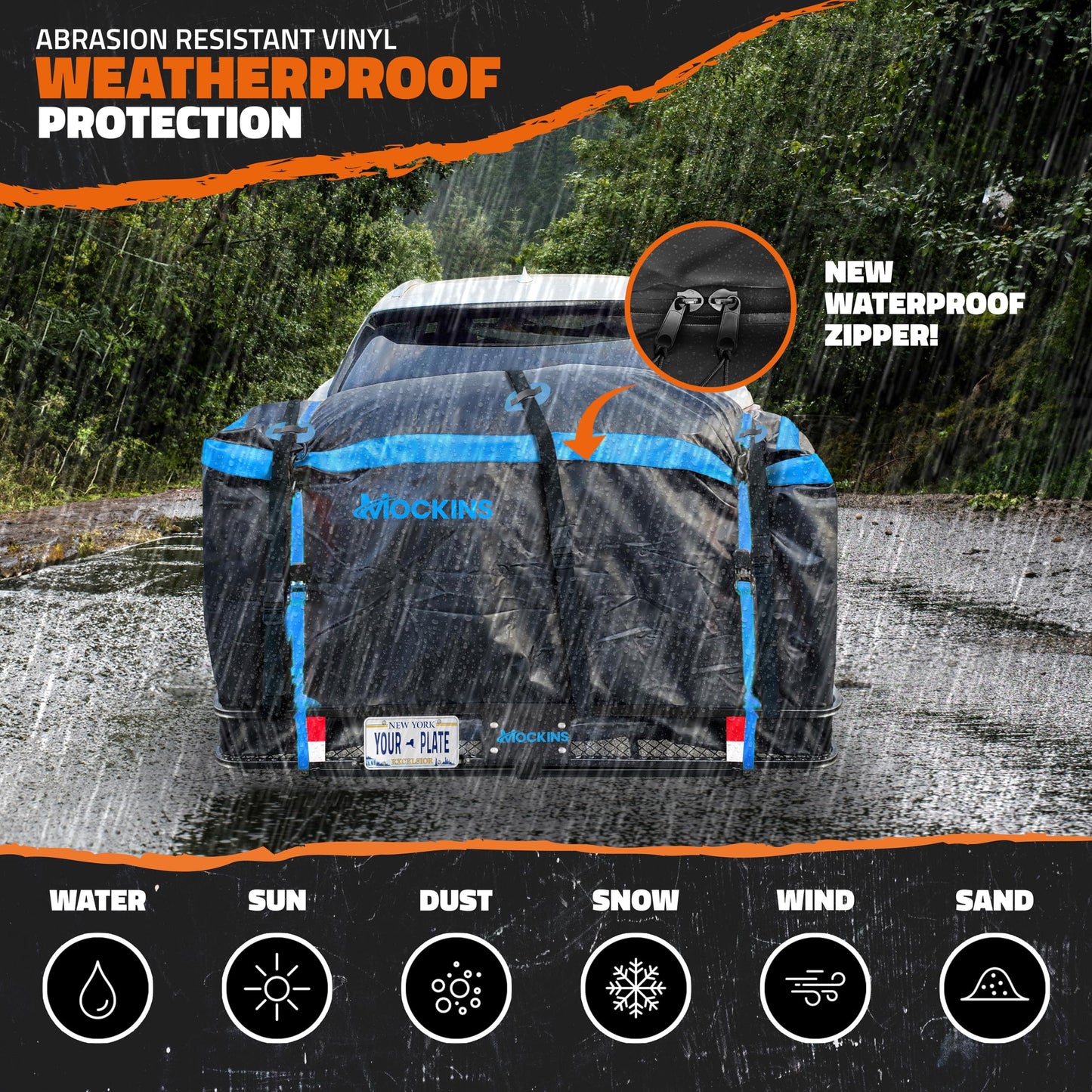 Mockins 60"x24"x6" Folding Trailer Hitch Cargo Carrier w/ 25 Cu Ft Waterproof Cargo Bag for Hitch Carrier | Heavy Duty 500 lbs Steel Luggage Rack for SUV, Car & Truck w/Plate Bracket & Accessories