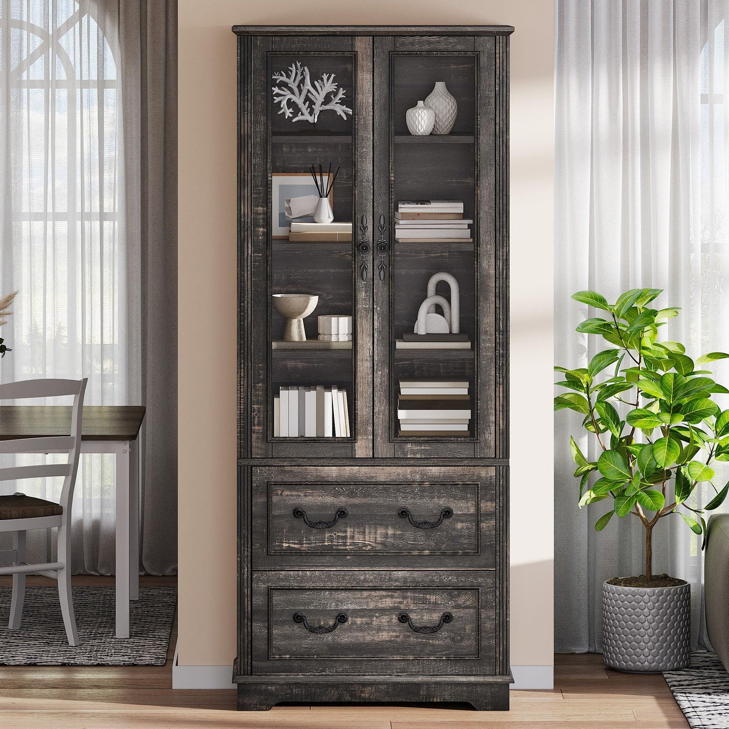 DWVO 76" Storage Cabinets, Freestanding Kitchen Pantry with Adjustable Shelves & Drawers, Farmhouse Glass Display Cabinets Tall Cupboard for Dining Room, Living Room, Dark Rustic