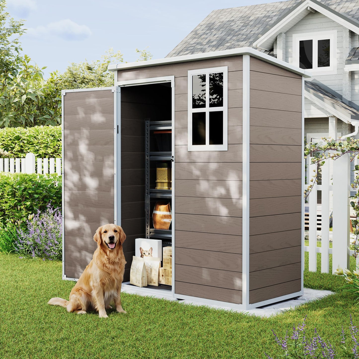 UDPATIO Outdoor Storage Shed 5x3 FT, Garden Resin Shed for Bike, Garbage Can, Tools, Outside Plastic Sheds with Floor for Backyard, Patio, Lawn, Brown