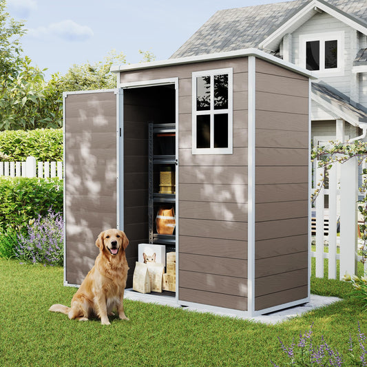 UDPATIO Outdoor Storage Shed 5x3 FT, Garden Resin Shed for Bike, Garbage Can, Tools, Outside Plastic Sheds with Floor for Backyard, Patio, Lawn, Brown