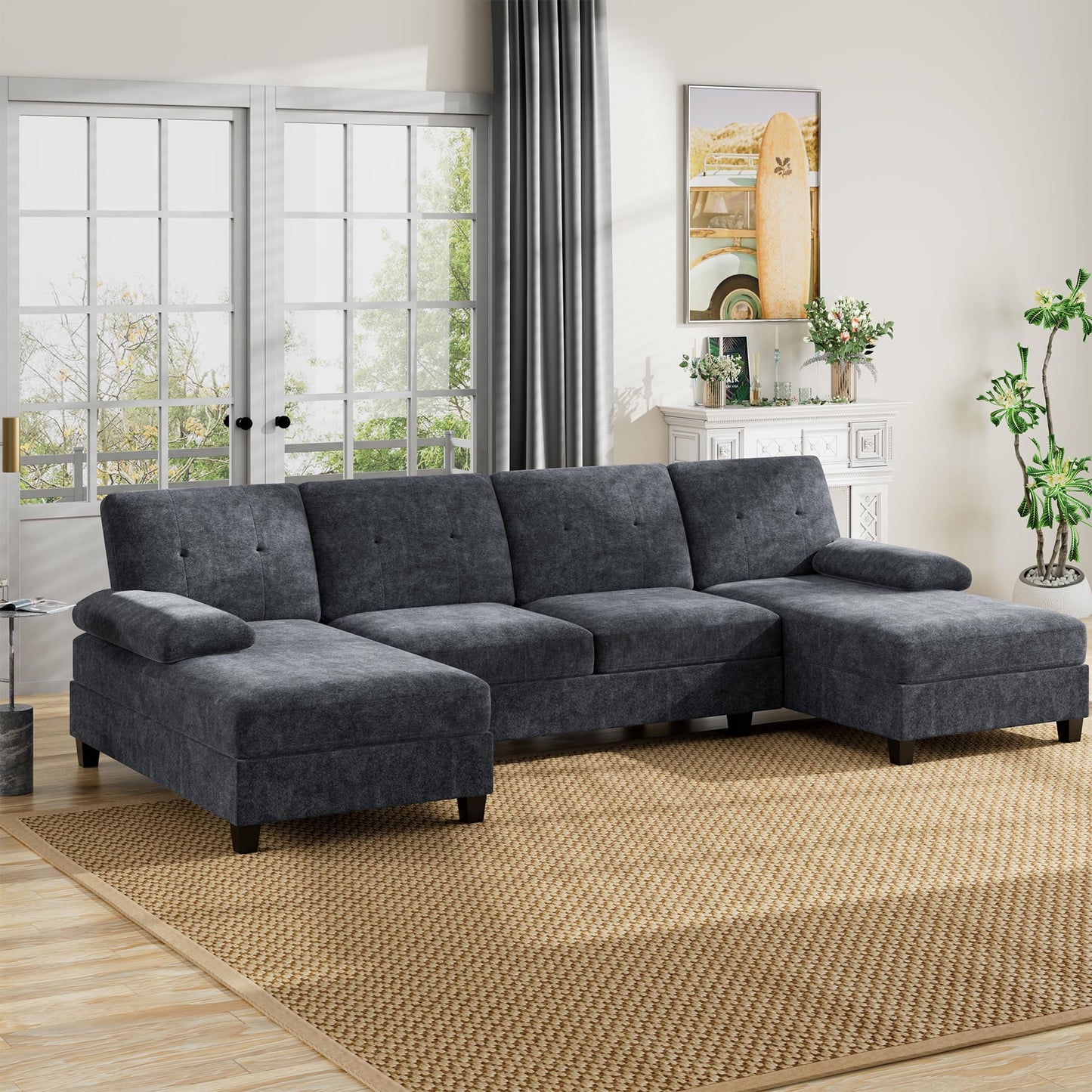 U-Shaped Sectional Sofa with Double Chaise,Linen Fabric 4-Seat Modern Couch, Removable Pillows for Apartment Living Room, Black