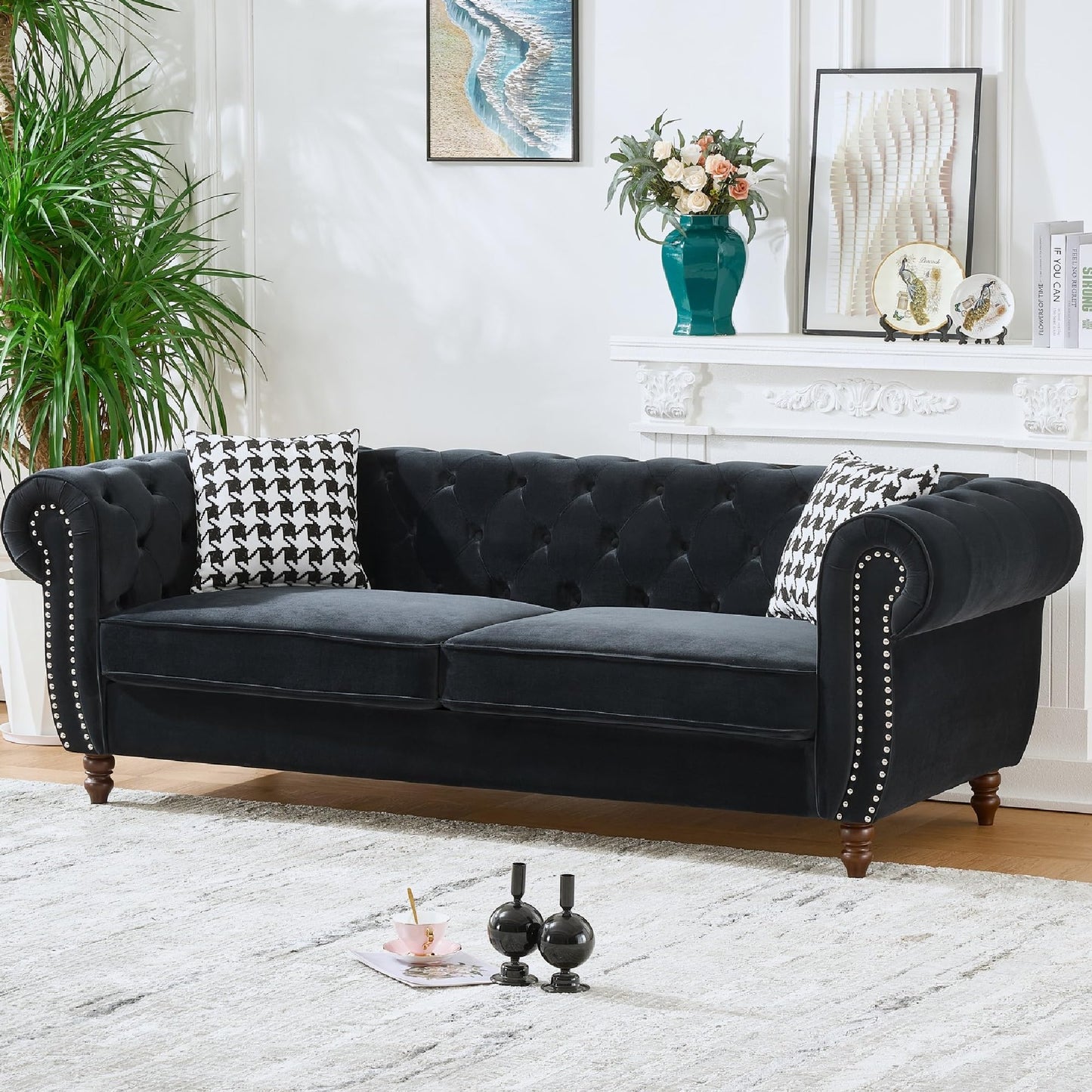 KEIKI 89" ‌Chesterfield Velvet Sofa, Mid Century Modern 3 Seater Couch w/Roll Armrest & Nailhead, Comfy Upholstered Sleeper Cloud Couches SofaBed for Office Apartment Living Room, Easy Assembly, Black