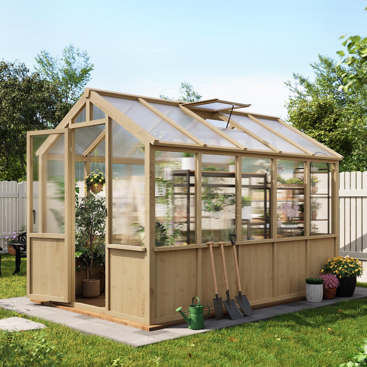 6x10 FT Greenhouse - Large Wooden Greenhouses for Outdoors, Heavy Duty Spruce Frame Greenhouse with PC Panels, Adjustable Roof Vents & Lockable Door, Walk-in Green Houses for Garden, Backyard, Patio
