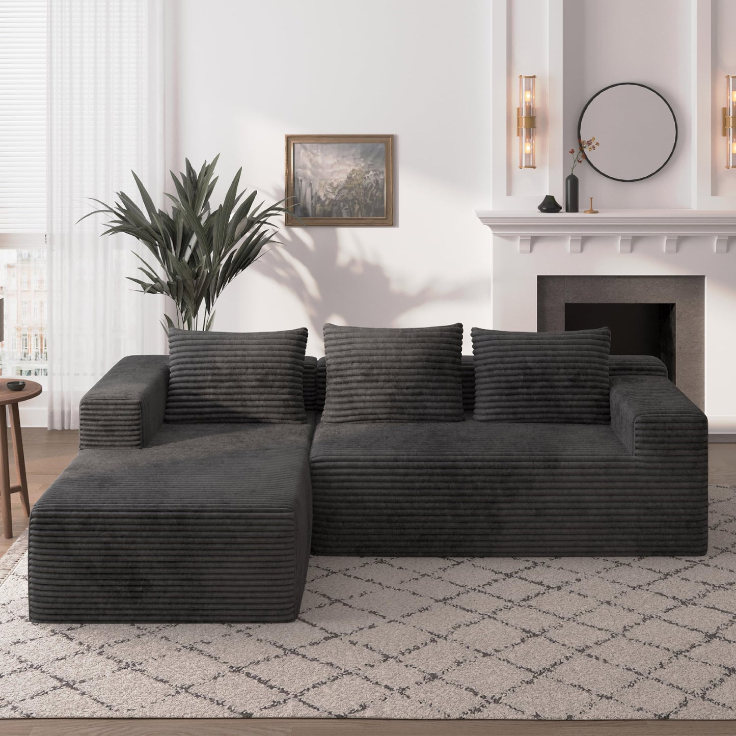 Attalee Modular Sectional Sofa for Living Room, L Shaped Compressed Corduroy Sectional Boneless Couches with Deep Seat and 4 Storage Pockets, Easy Assembly, Dark Grey