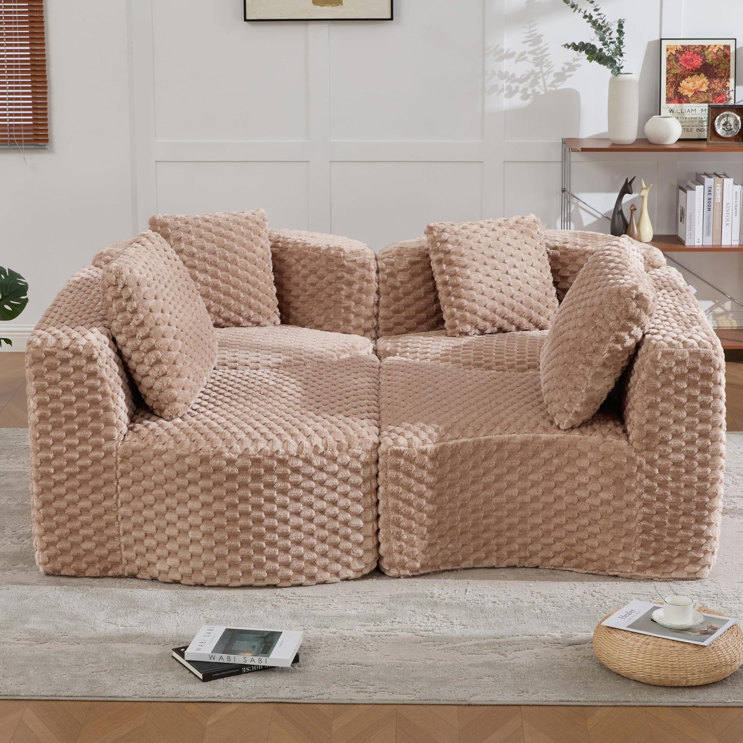 Merax 138" Curved Modular Sectional Sofa Set, Compressed 4 Seat Bubble-Velvet Boneless Sectional Couch Sofa with Deep Seat & Pillow, Comfy Cloud Soft Couches for Living Room, Easy Assembly, Camel